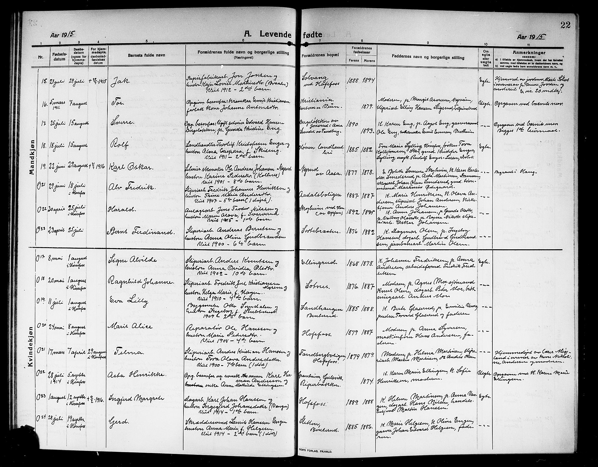 Norderhov kirkebøker, SAKO/A-237/G/Ga/L0009: Parish register (copy) no. I 9, 1913-1920, p. 22