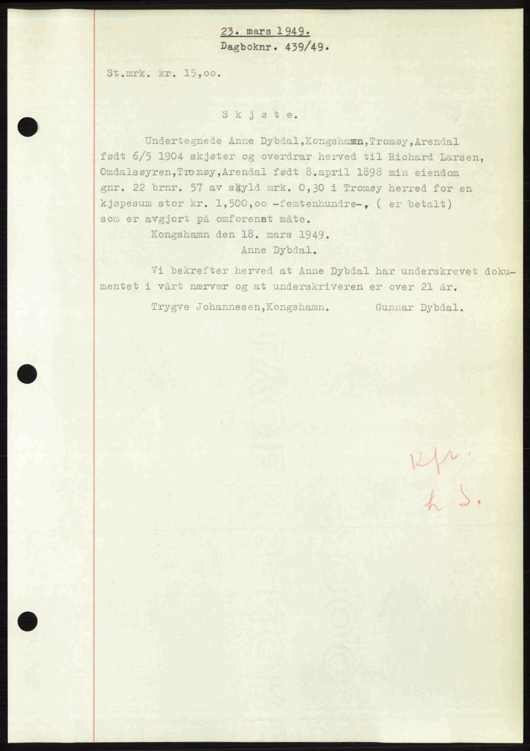 Nedenes sorenskriveri, AV/SAK-1221-0006/G/Gb/Gba/L0060: Mortgage book no. A12, 1948-1949, Diary no: : 439/1949