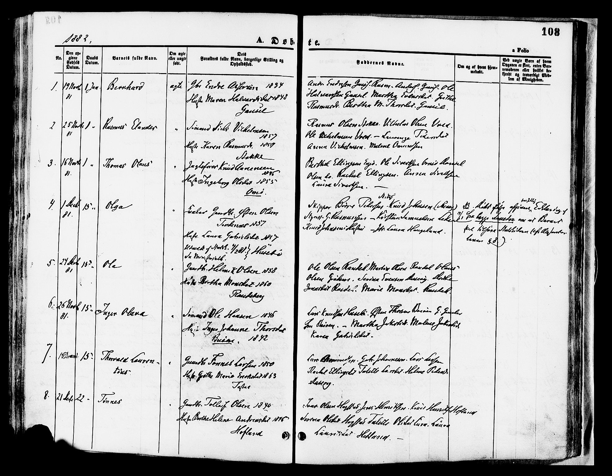 Hetland sokneprestkontor, SAST/A-101826/30/30BA/L0008: Parish register (official) no. A 8, 1877-1884, p. 108