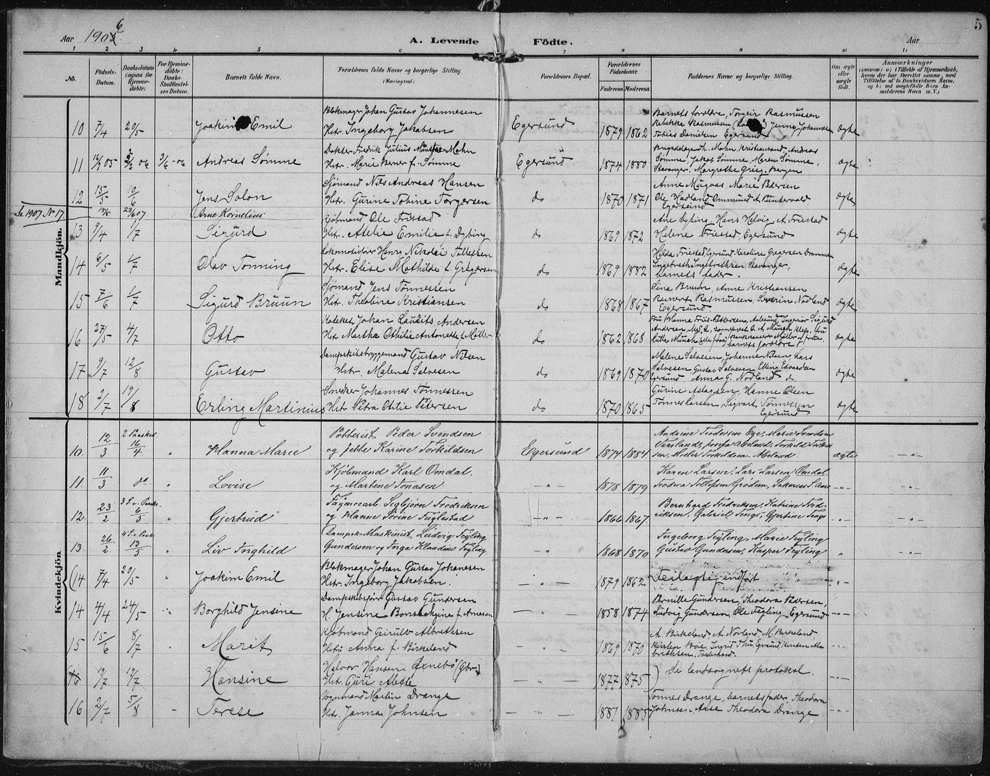 Eigersund sokneprestkontor, SAST/A-101807/S08/L0022: Parish register (official) no. A 21, 1905-1928, p. 5