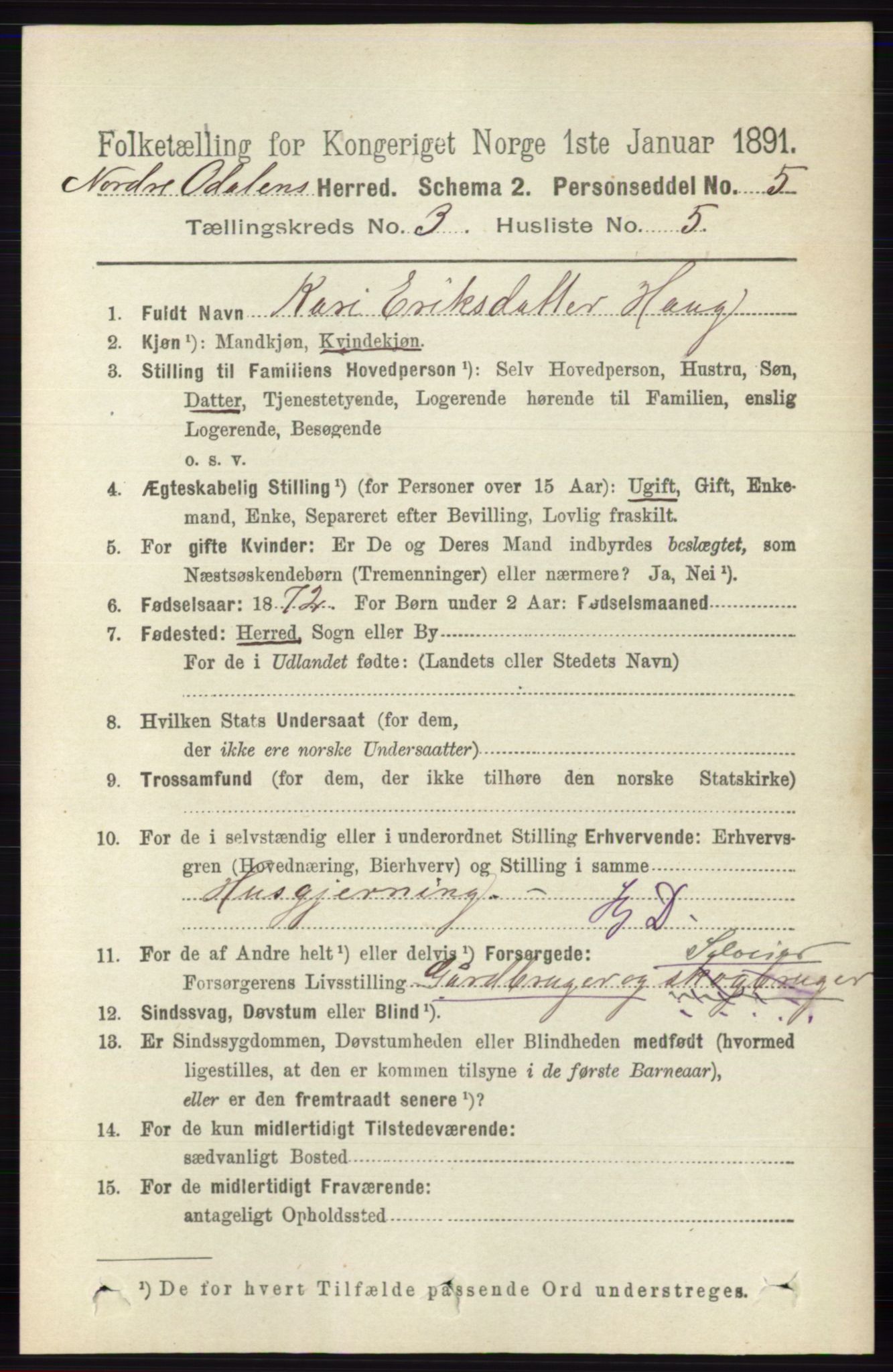 RA, 1891 census for 0418 Nord-Odal, 1891, p. 840