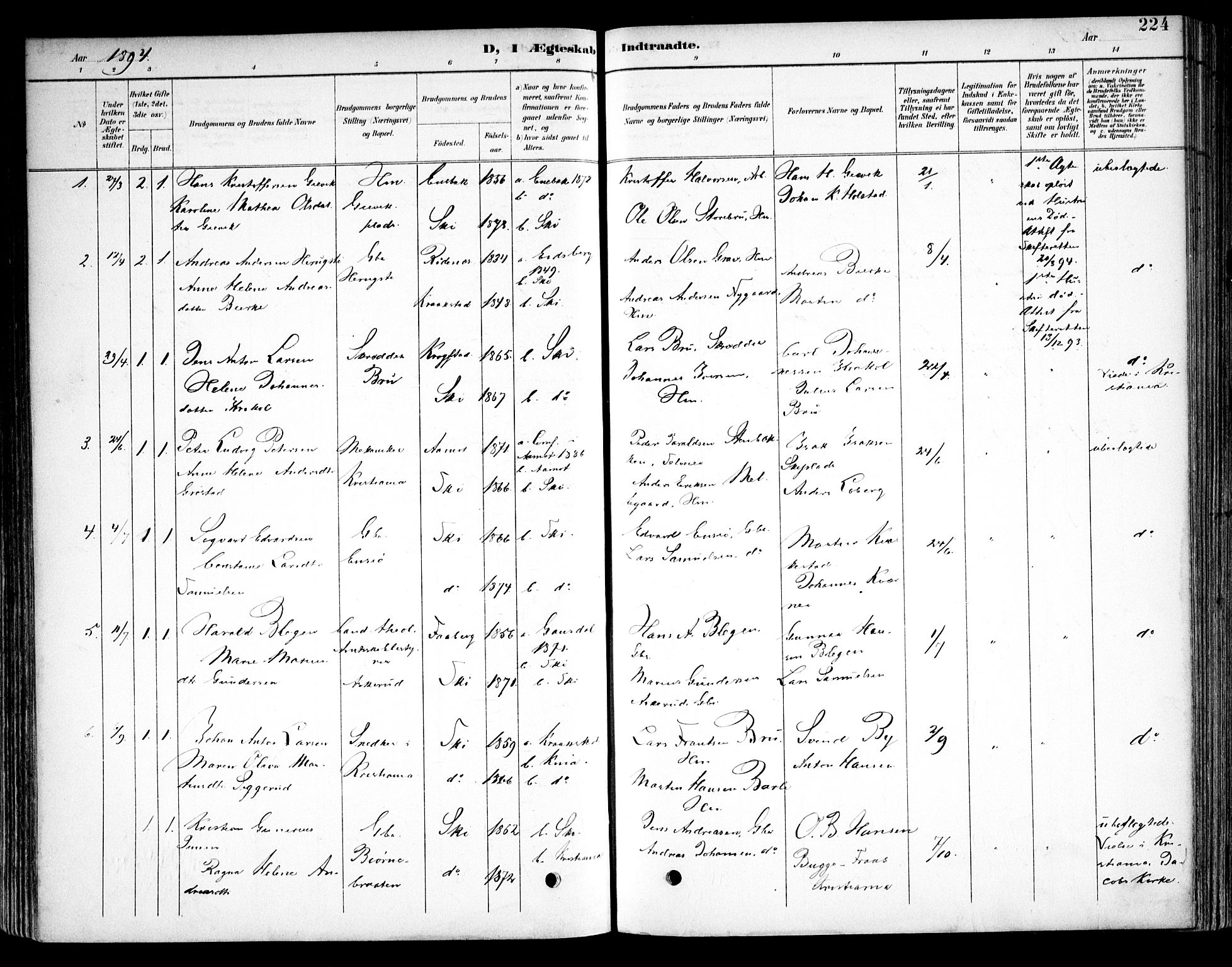 Kråkstad prestekontor Kirkebøker, SAO/A-10125a/F/Fb/L0002: Parish register (official) no. II 2, 1893-1917, p. 224