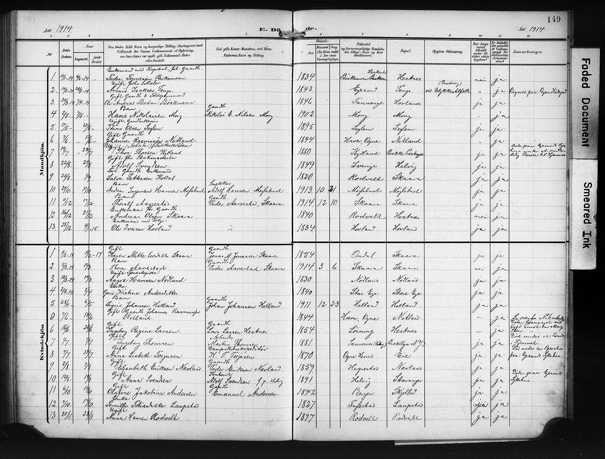 Eigersund sokneprestkontor, SAST/A-101807/S09/L0011: Parish register (copy) no. B 11, 1908-1930, p. 149