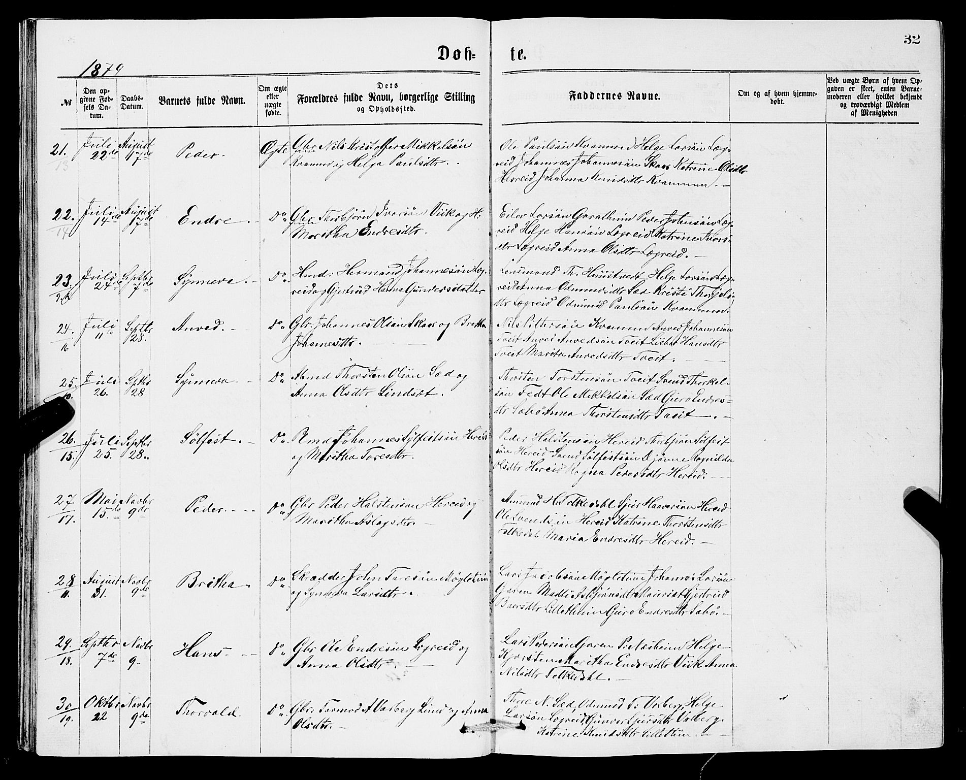 Ullensvang sokneprestembete, SAB/A-78701/H/Hab: Parish register (copy) no. C 2, 1871-1899, p. 32
