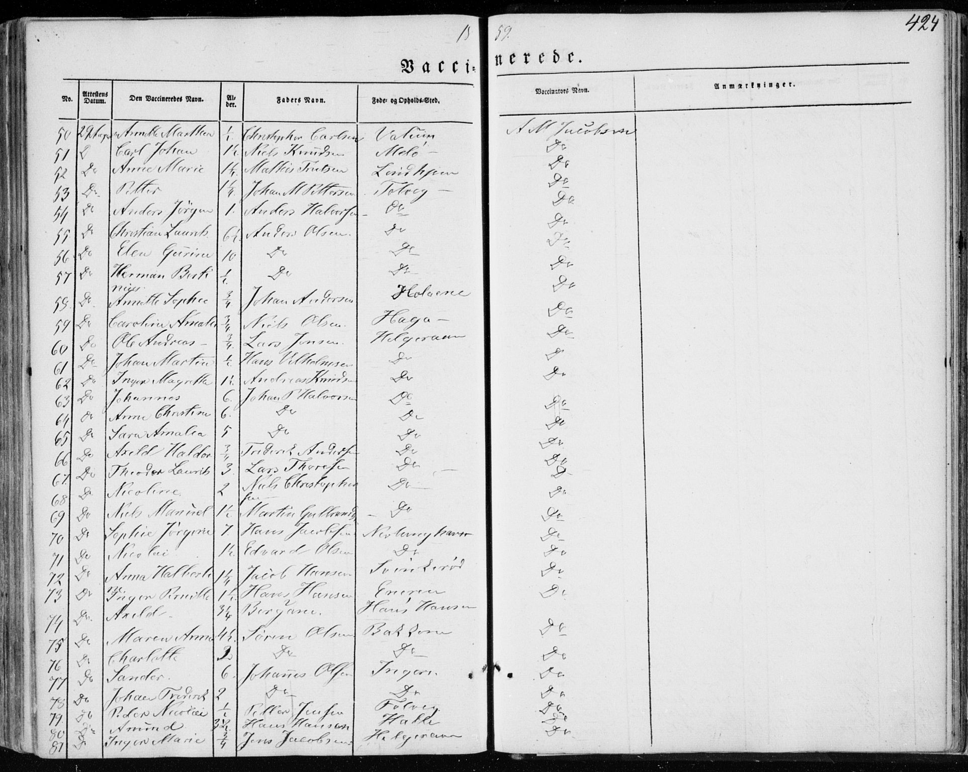 Brunlanes kirkebøker, AV/SAKO-A-342/F/Fa/L0004: Parish register (official) no. I 4, 1846-1862, p. 424