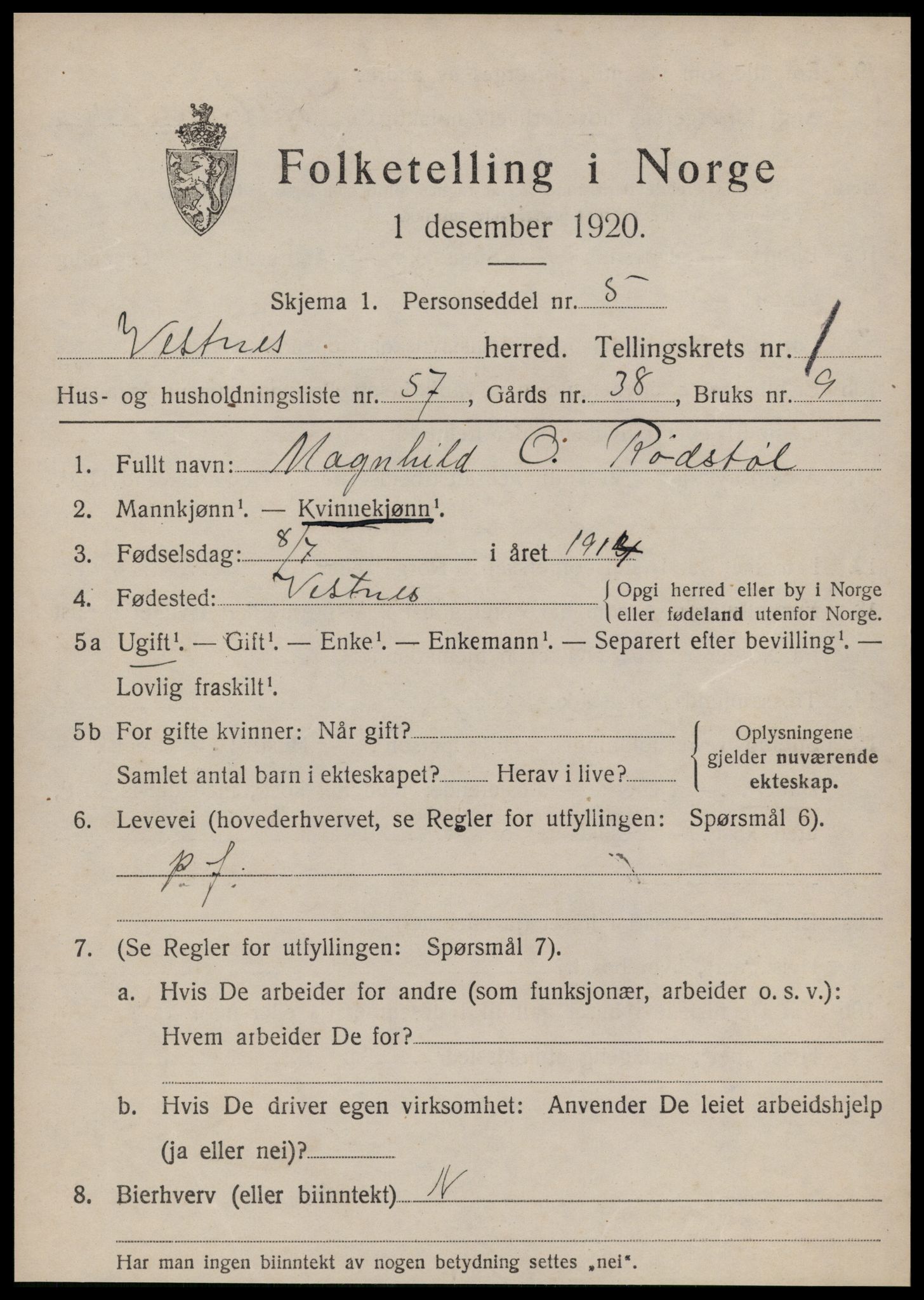 SAT, 1920 census for Vestnes, 1920, p. 1907