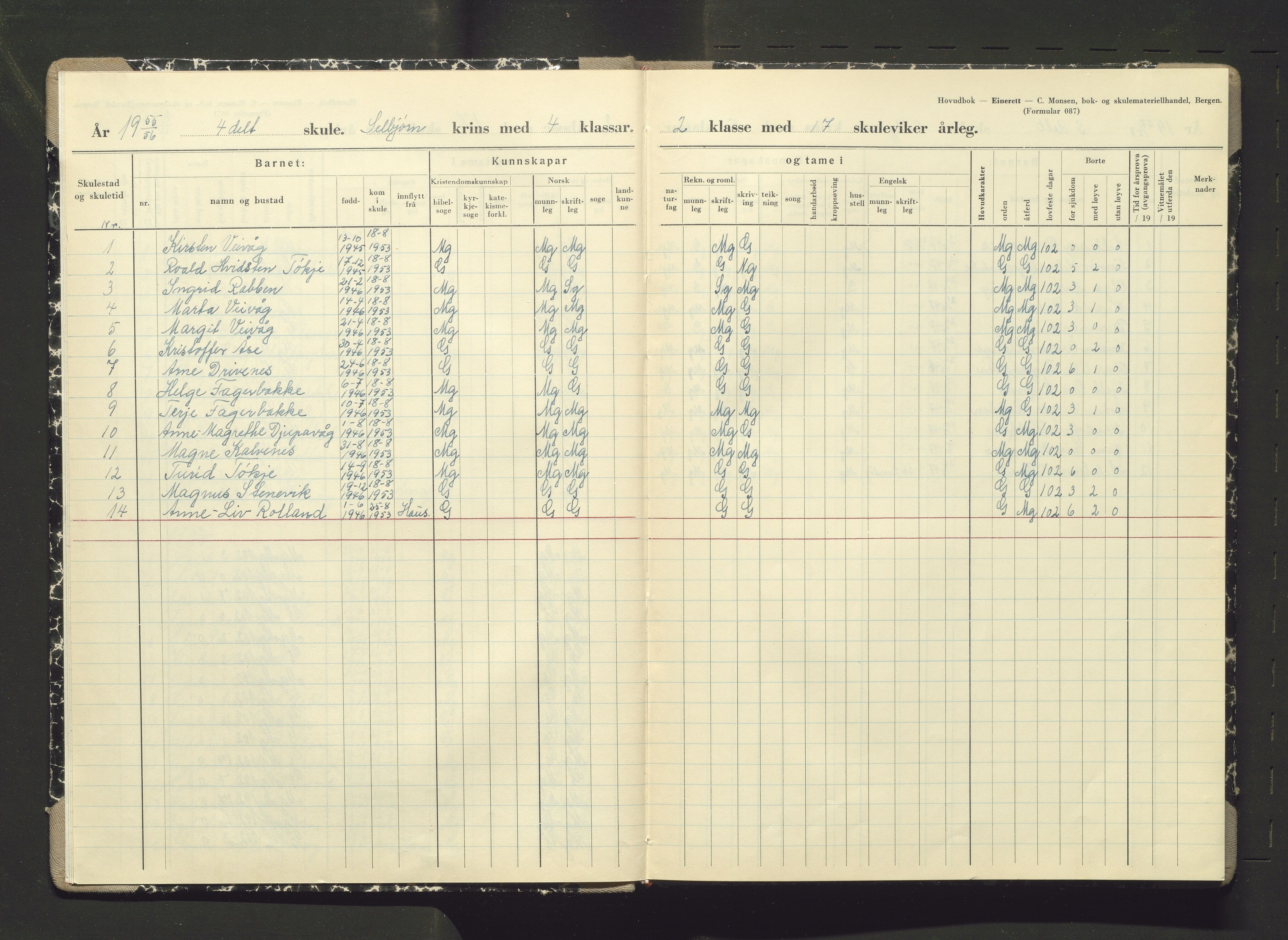 Austevoll kommune. Barneskulane, IKAH/1244-231/F/Fb/L0004: Karakterprotokoll for Selbjørn skule, 1953-1959