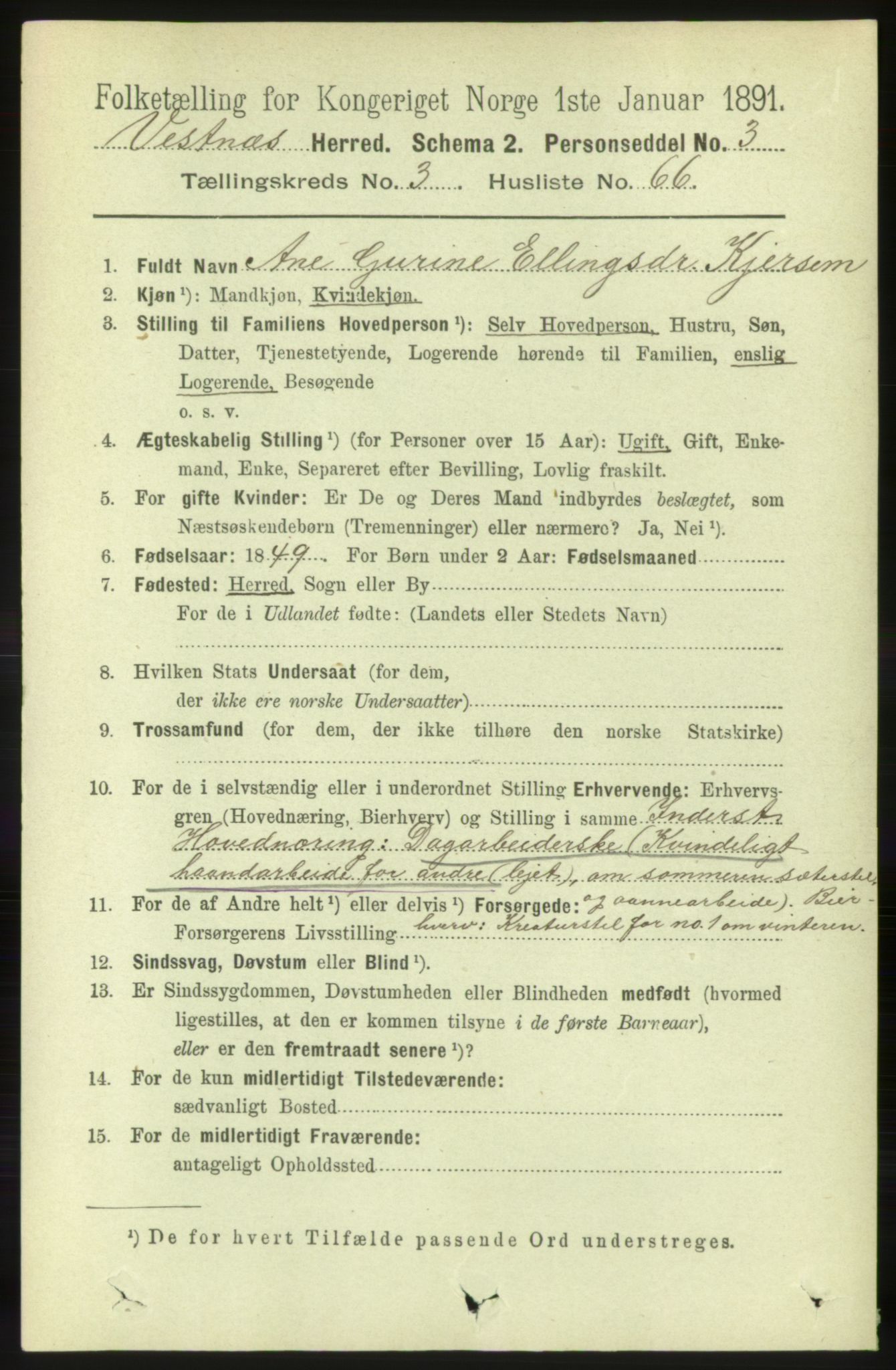 RA, 1891 census for 1535 Vestnes, 1891, p. 1212