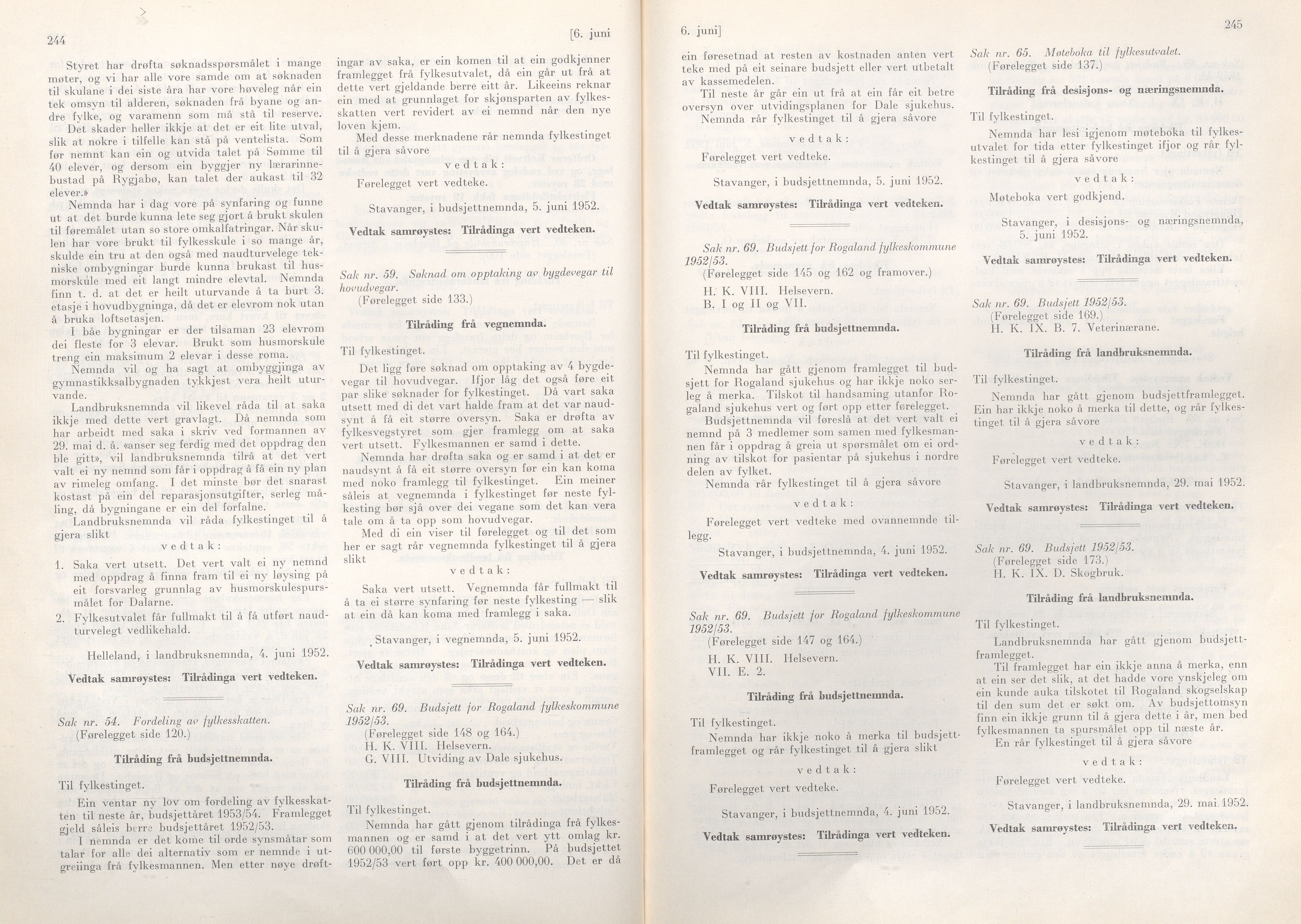 Rogaland fylkeskommune - Fylkesrådmannen , IKAR/A-900/A/Aa/Aaa/L0071: Møtebok , 1952, p. 244-245