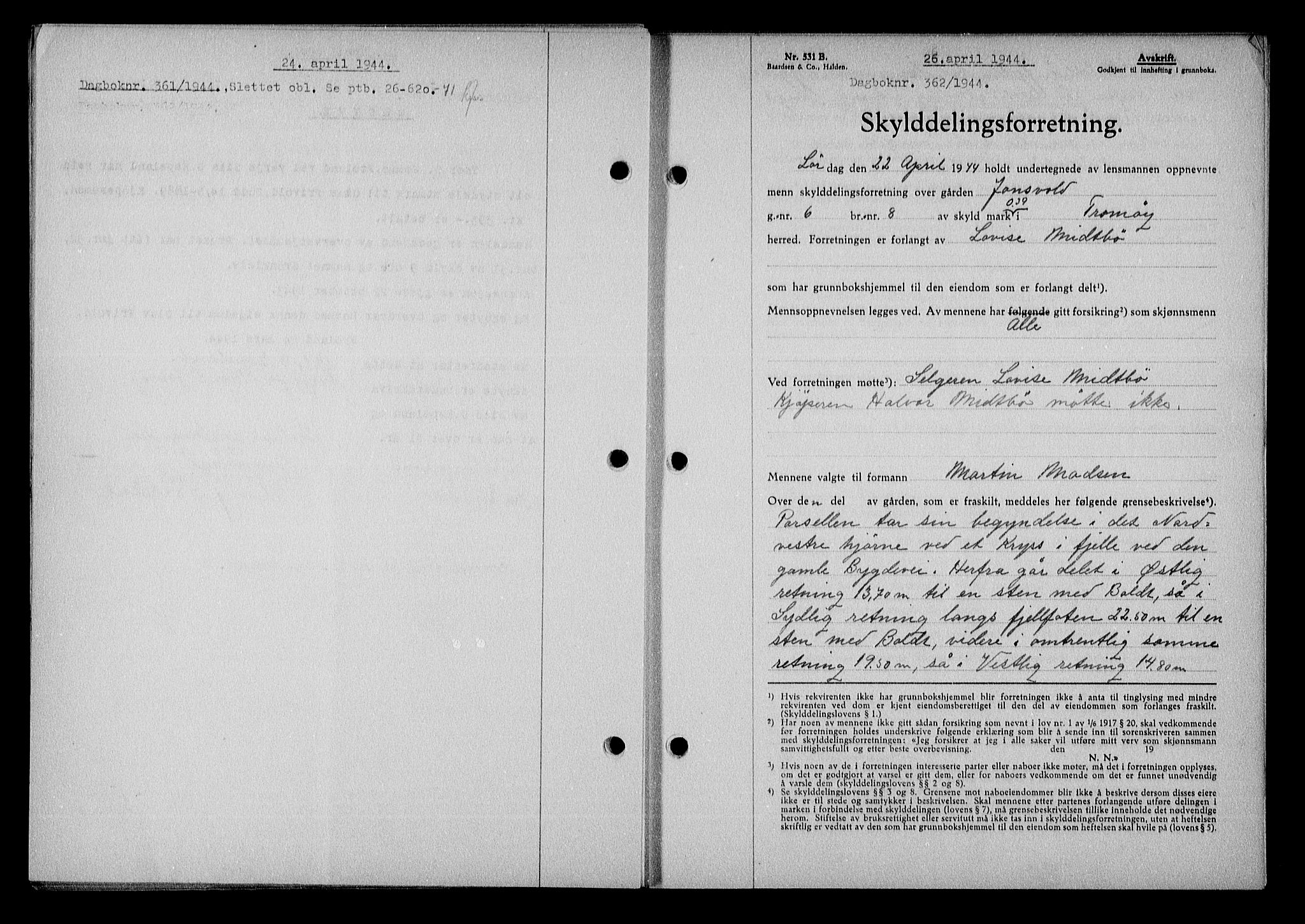 Nedenes sorenskriveri, SAK/1221-0006/G/Gb/Gba/L0051: Mortgage book no. A-V, 1943-1944, Diary no: : 362/1944