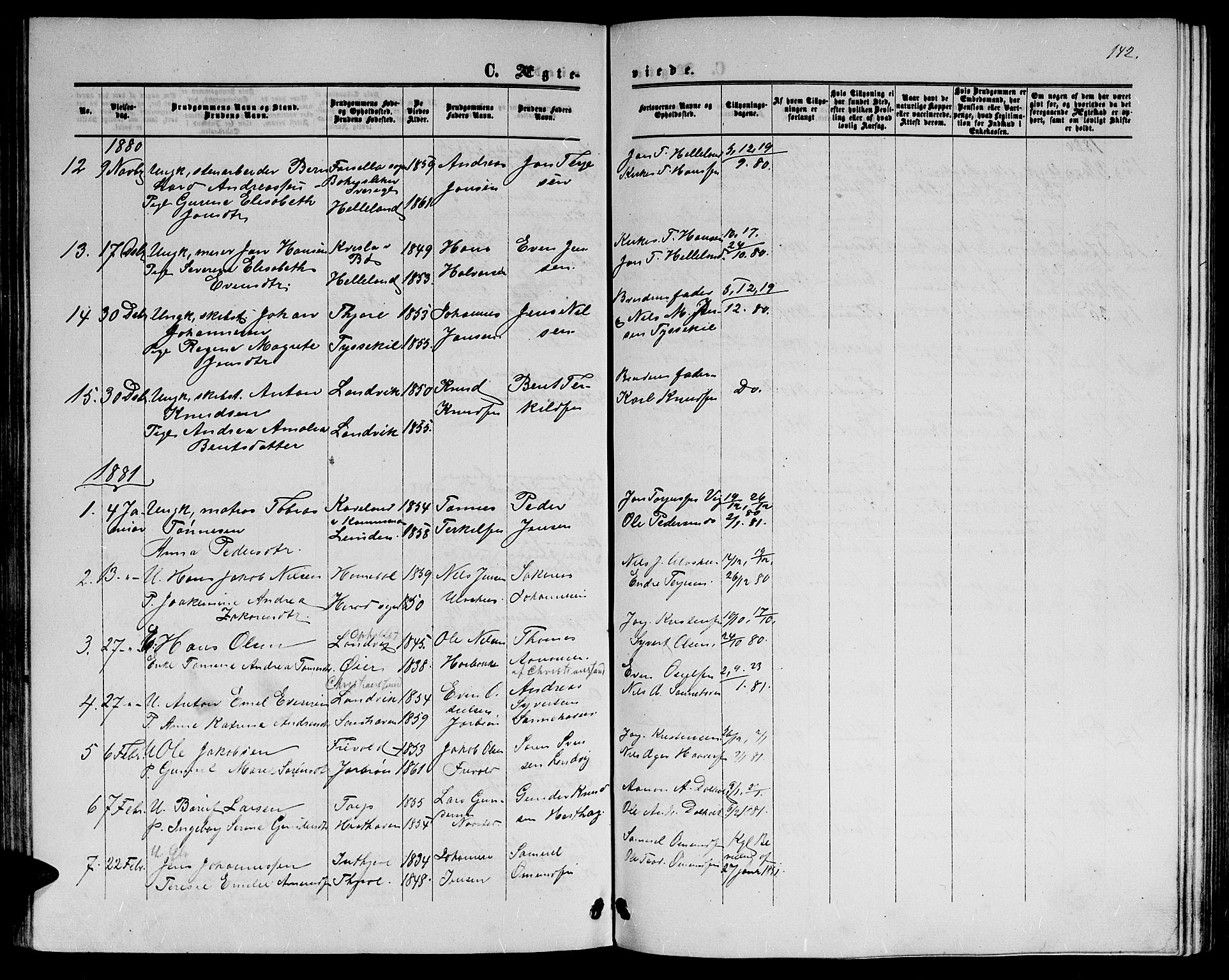 Hommedal sokneprestkontor, SAK/1111-0023/F/Fb/Fbb/L0006: Parish register (copy) no. B 6, 1869-1884, p. 142