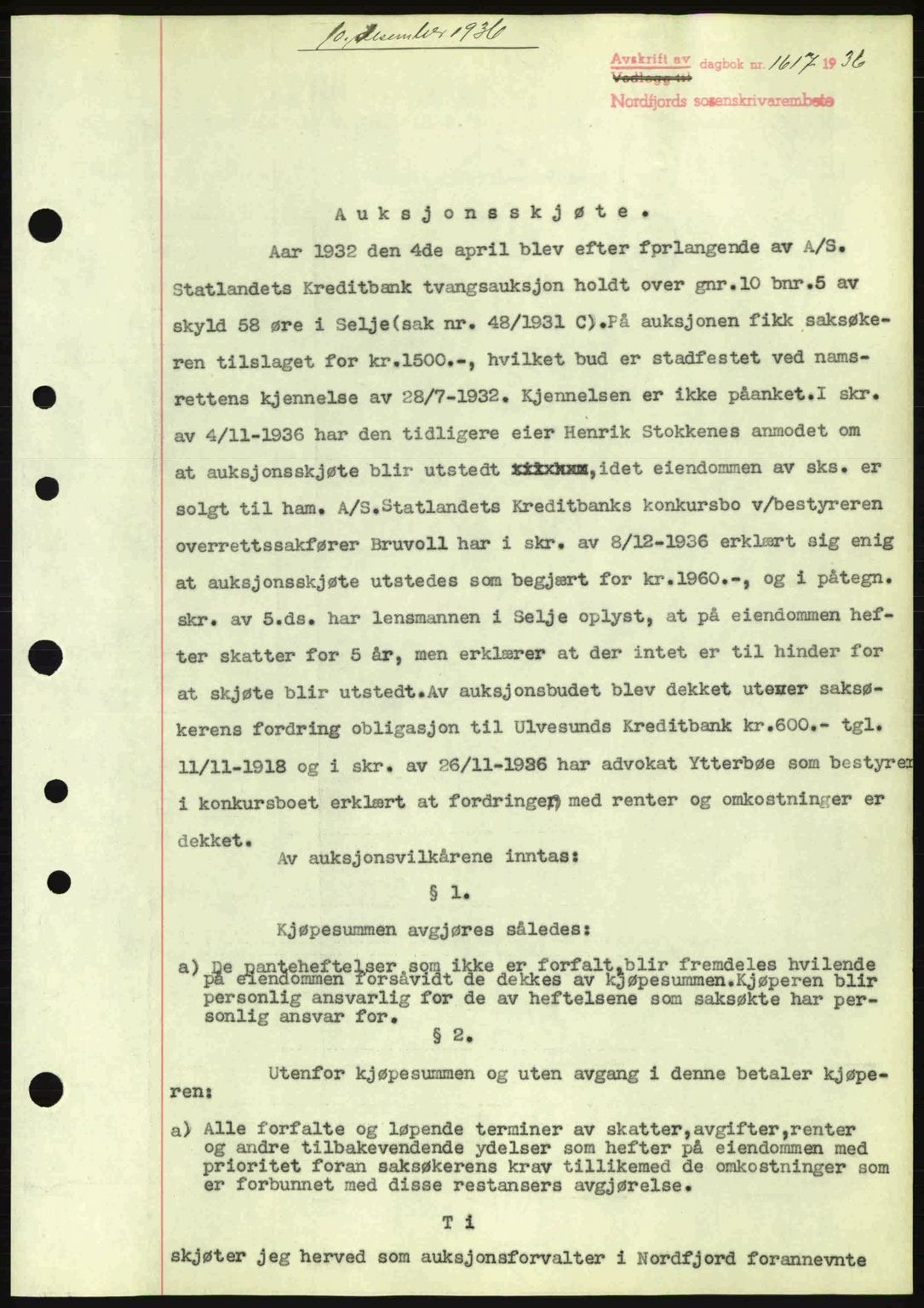 Nordfjord sorenskriveri, AV/SAB-A-2801/02/02b/02bj/L0001: Mortgage book no. A1, 1936-1937, Diary no: : 1617/1936