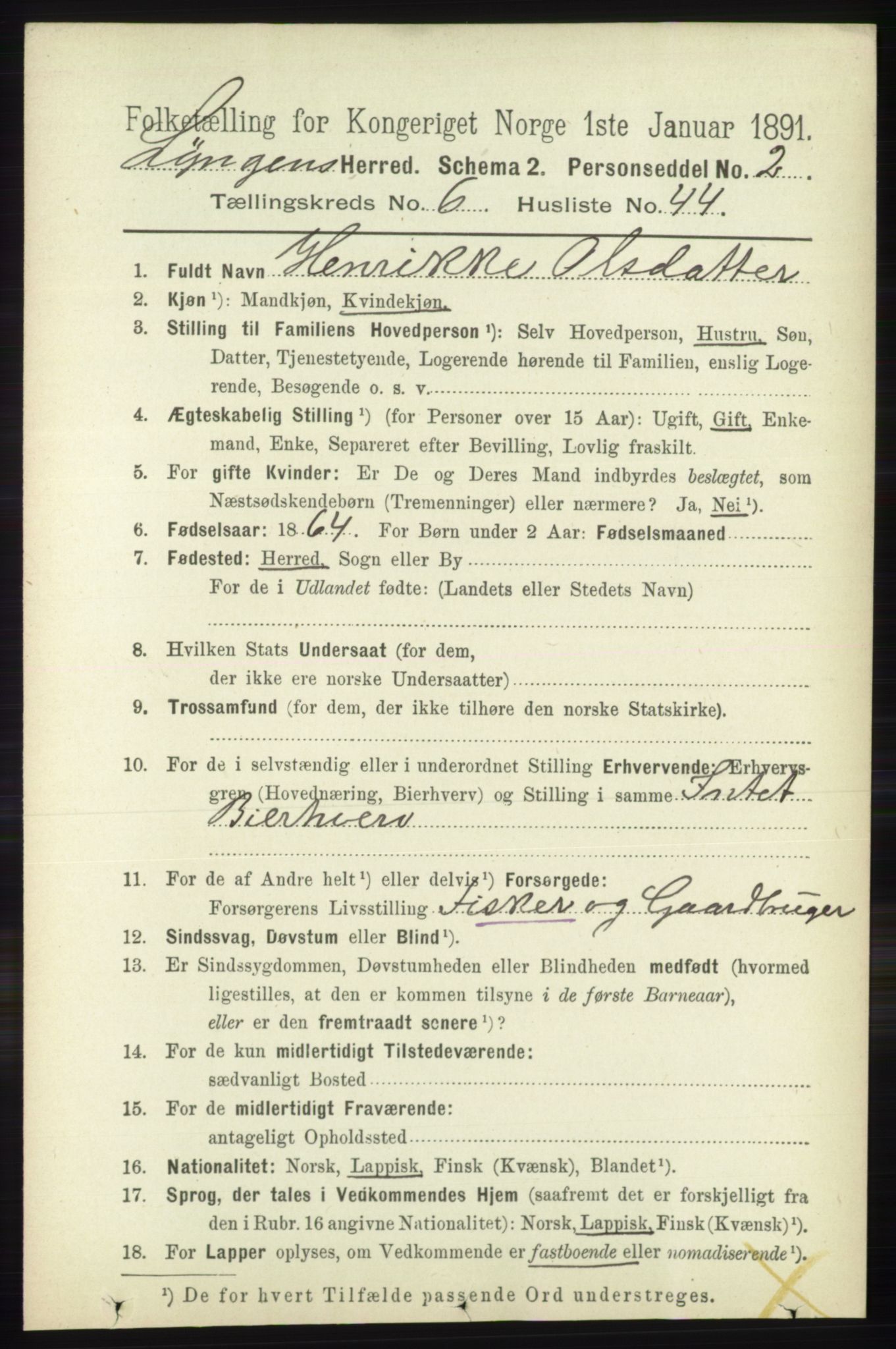 RA, 1891 census for 1938 Lyngen, 1891, p. 5576