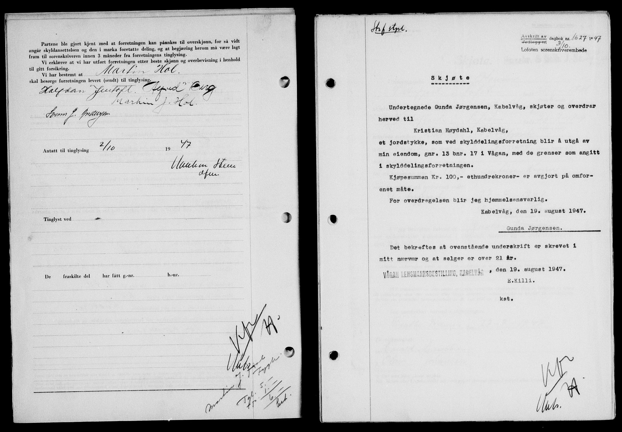 Lofoten sorenskriveri, SAT/A-0017/1/2/2C/L0017a: Mortgage book no. 17a, 1947-1948, Diary no: : 1627/1947