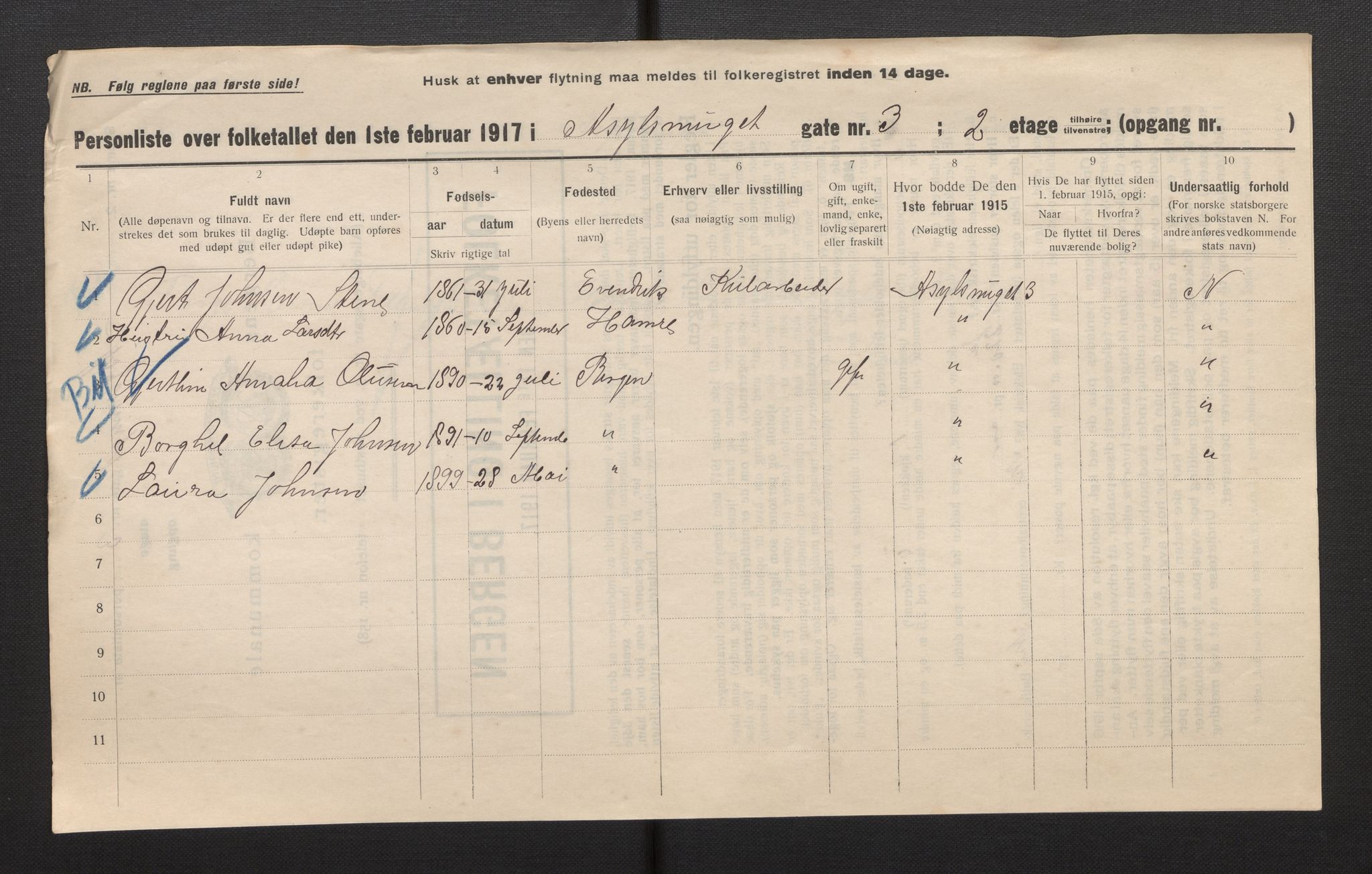 SAB, Municipal Census 1917 for Bergen, 1917, p. 1427