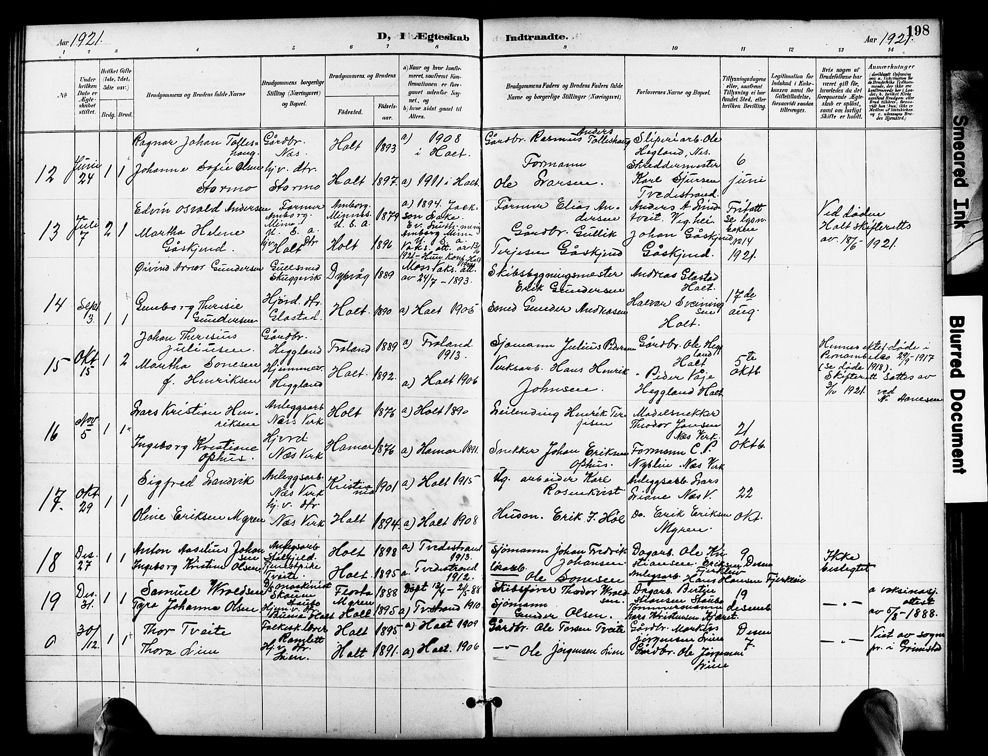 Holt sokneprestkontor, AV/SAK-1111-0021/F/Fb/L0011: Parish register (copy) no. B 11, 1897-1921, p. 198