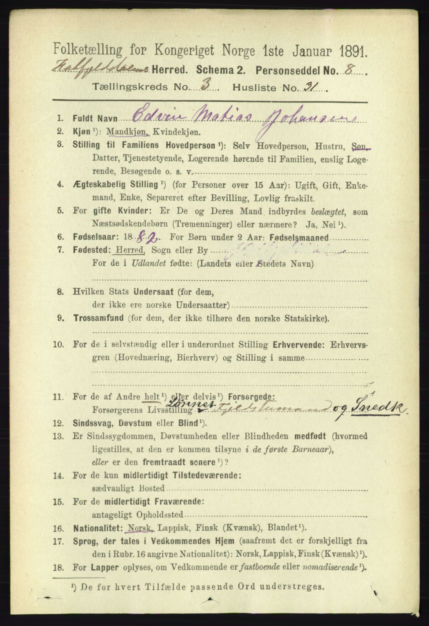 RA, 1891 census for 1826 Hattfjelldal, 1891, p. 881