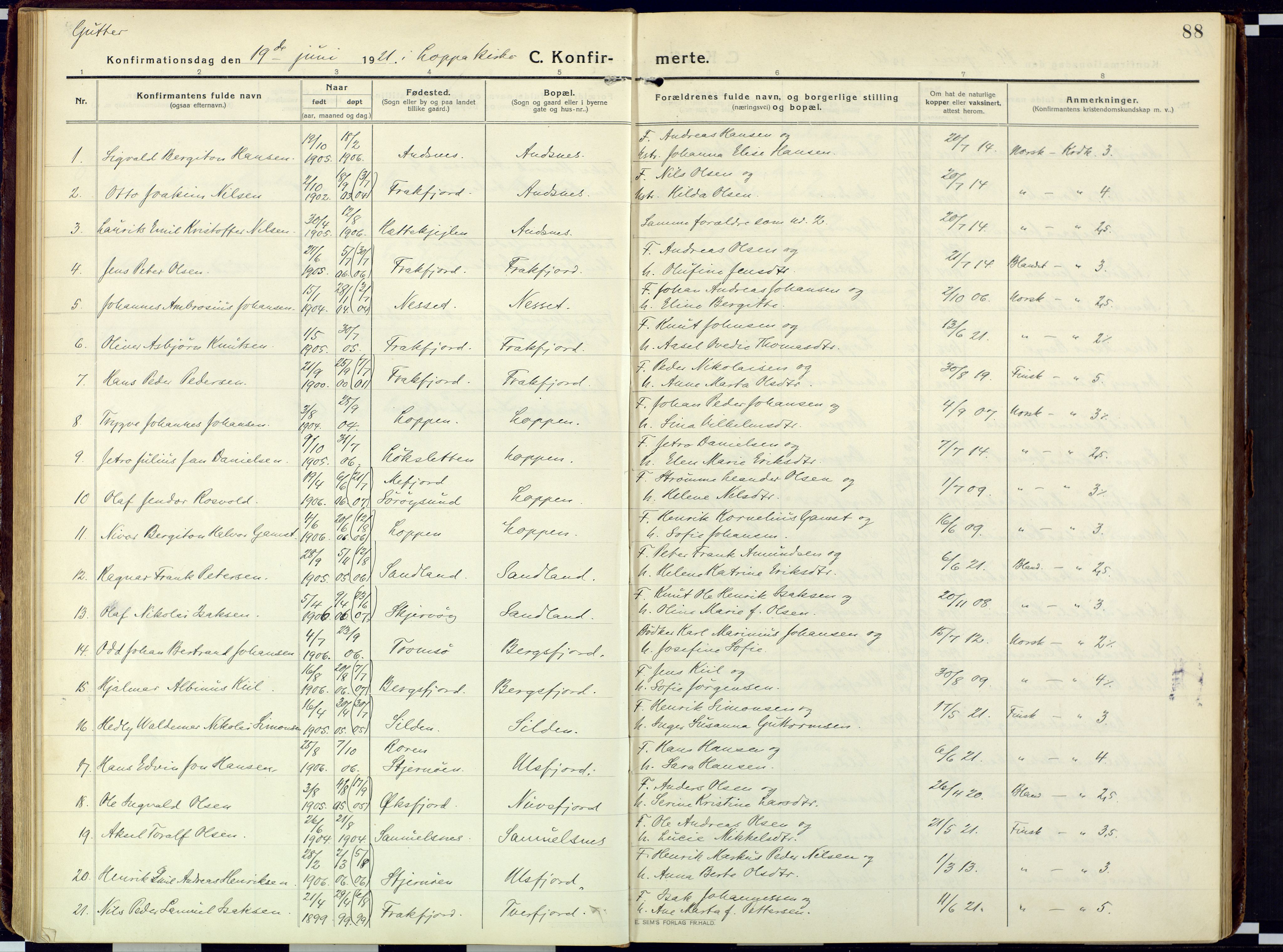 Loppa sokneprestkontor, SATØ/S-1339/H/Ha/L0013kirke: Parish register (official) no. 13, 1920-1932, p. 88