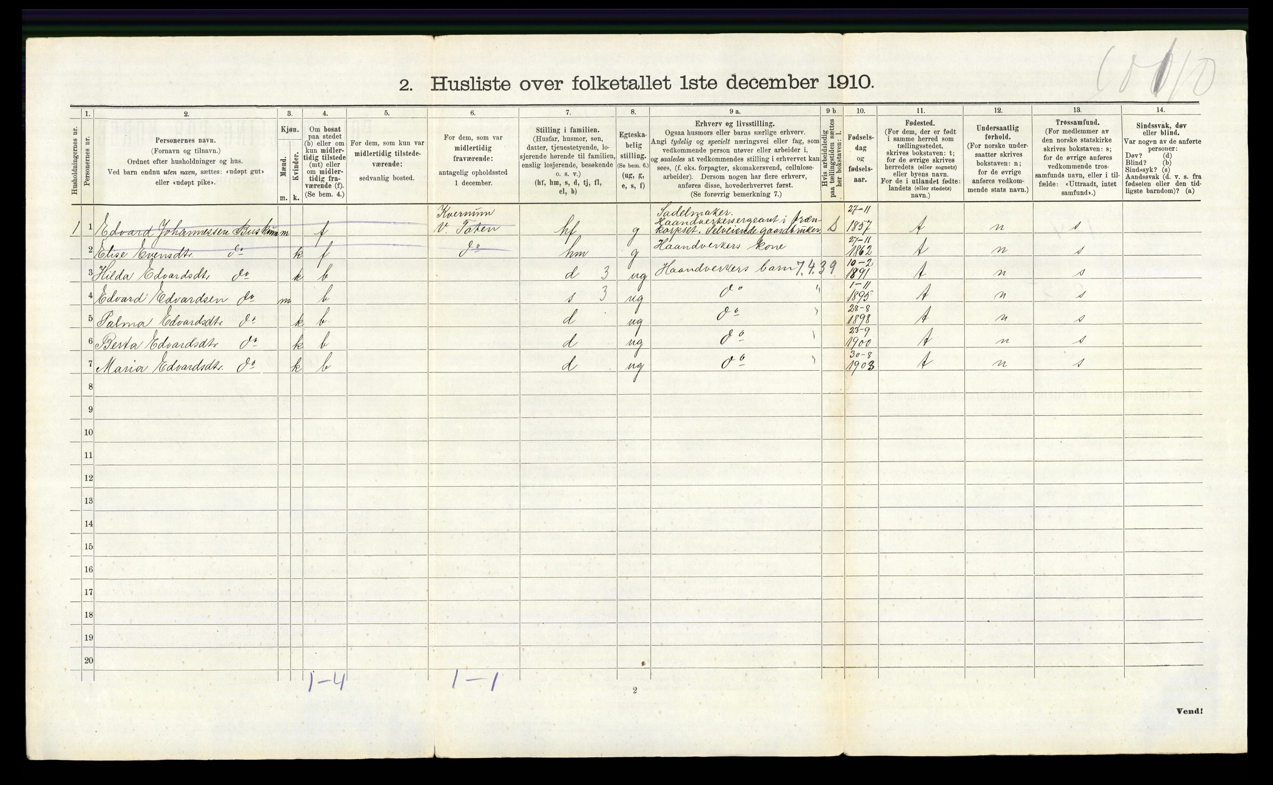 RA, 1910 census for Østre Toten, 1910, p. 2312