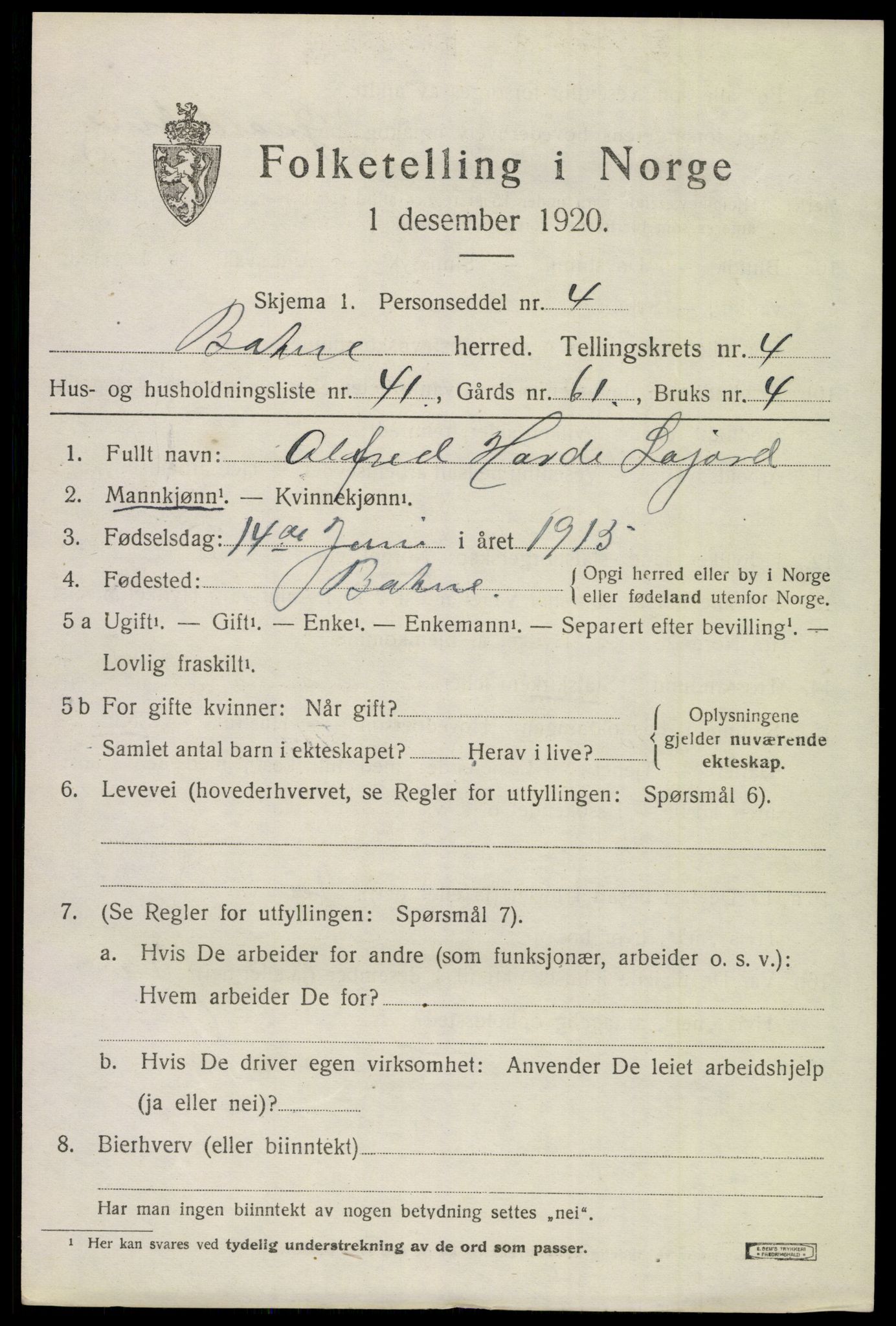 SAKO, 1920 census for Botne, 1920, p. 4081