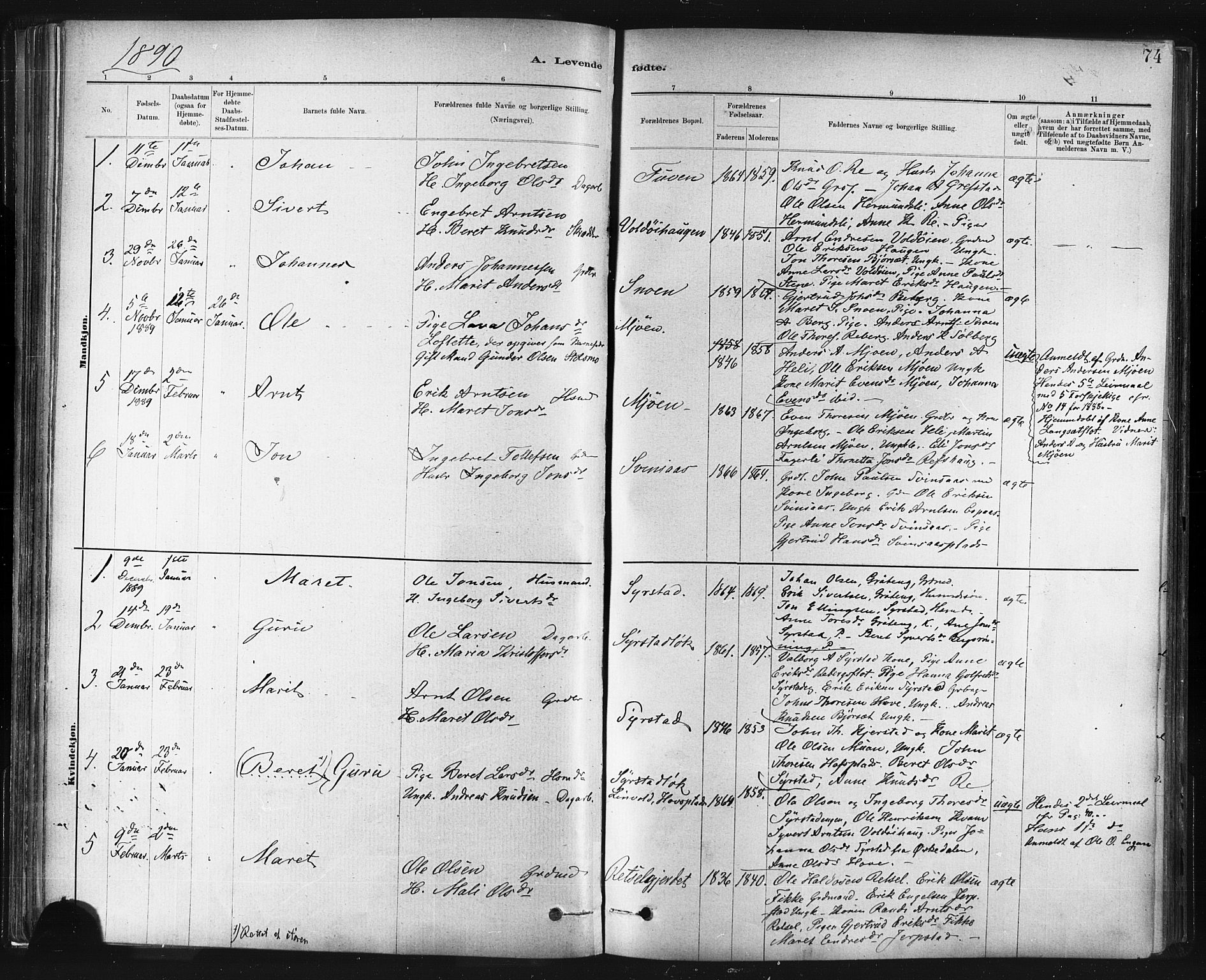 Ministerialprotokoller, klokkerbøker og fødselsregistre - Sør-Trøndelag, SAT/A-1456/672/L0857: Parish register (official) no. 672A09, 1882-1893, p. 74