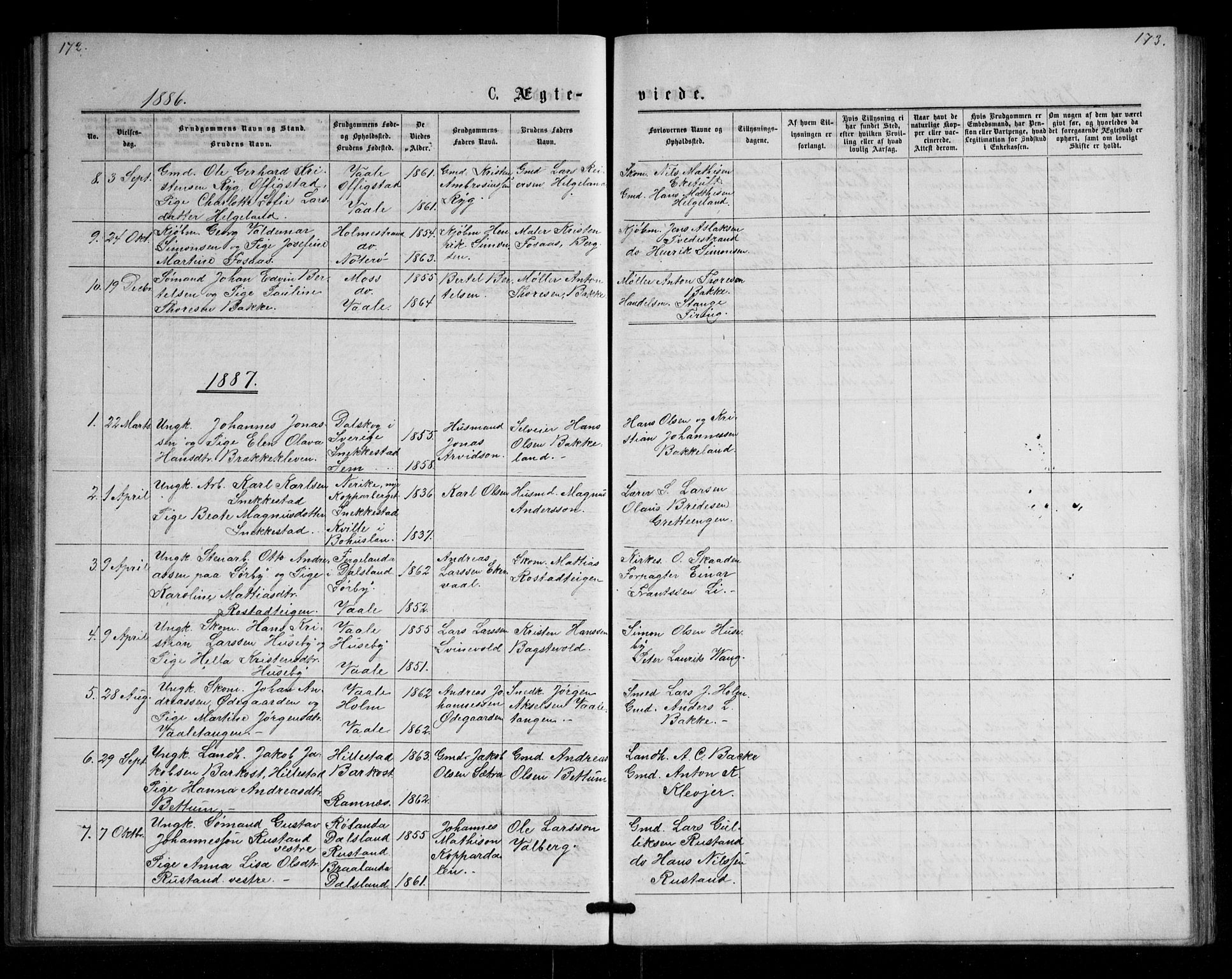 Våle kirkebøker, SAKO/A-334/G/Ga/L0004a: Parish register (copy) no. I 4, 1874-1893, p. 172-173