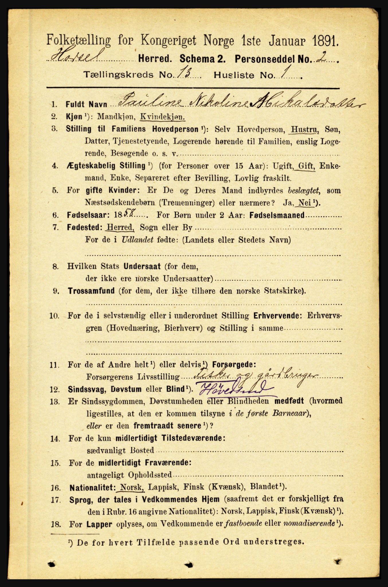 RA, 1891 census for 1866 Hadsel, 1891, p. 5824