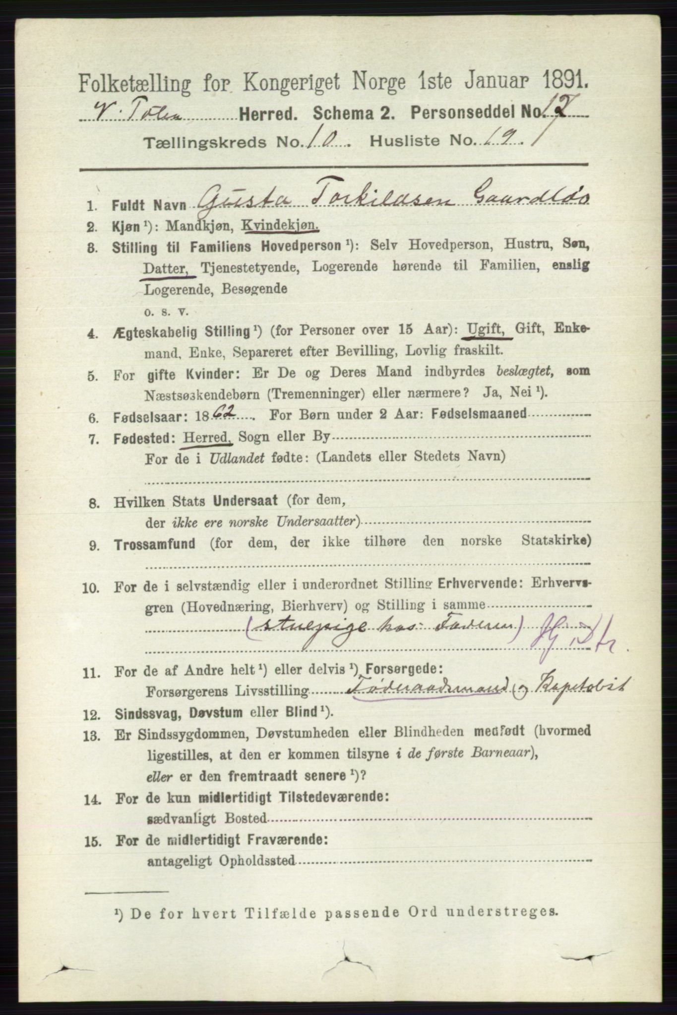 RA, 1891 census for 0529 Vestre Toten, 1891, p. 6315