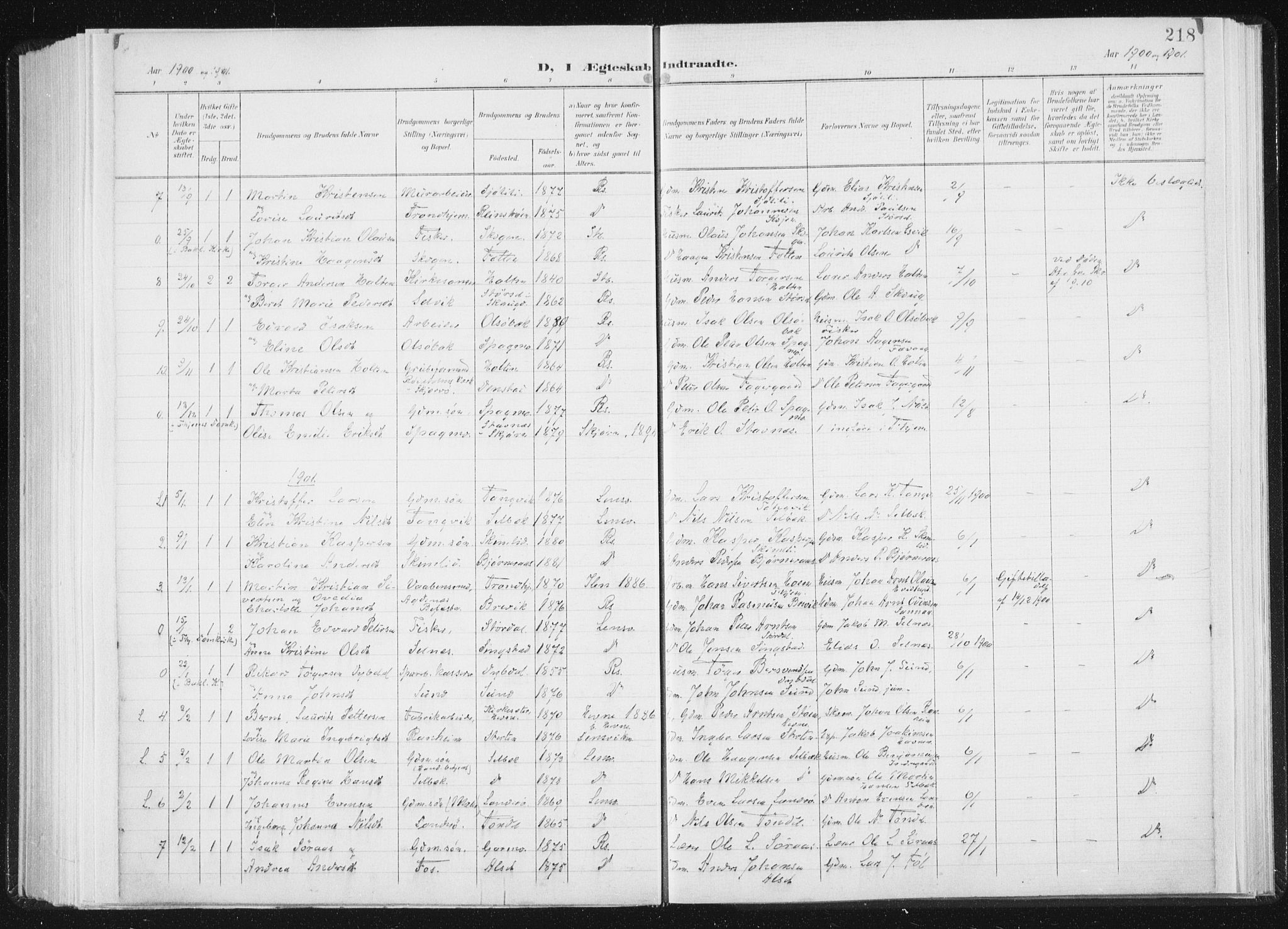 Ministerialprotokoller, klokkerbøker og fødselsregistre - Sør-Trøndelag, AV/SAT-A-1456/647/L0635: Parish register (official) no. 647A02, 1896-1911, p. 218