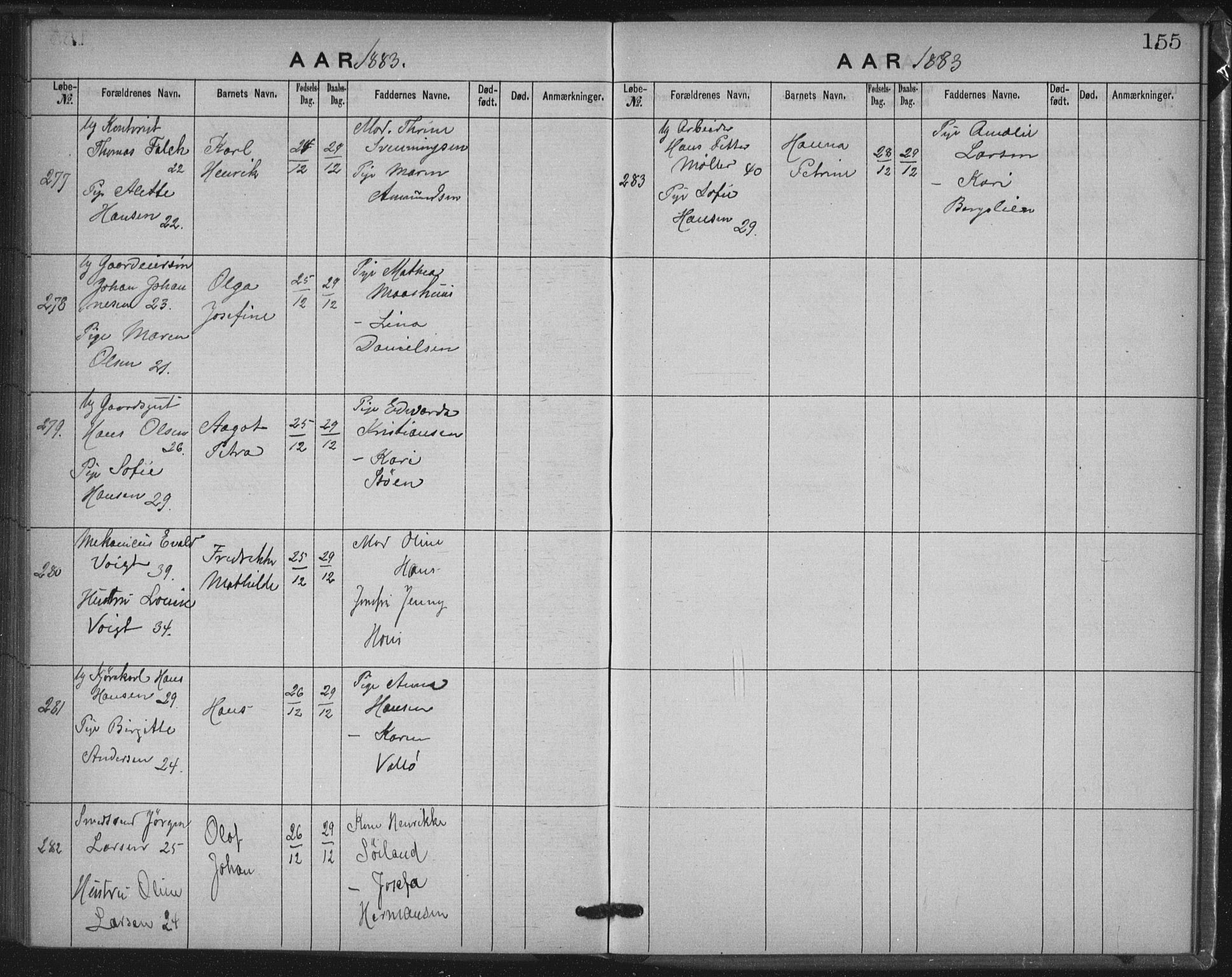 Rikshospitalet prestekontor Kirkebøker, AV/SAO-A-10309b/K/L0003/0001: Baptism register no. 3.1, 1877-1884, p. 155