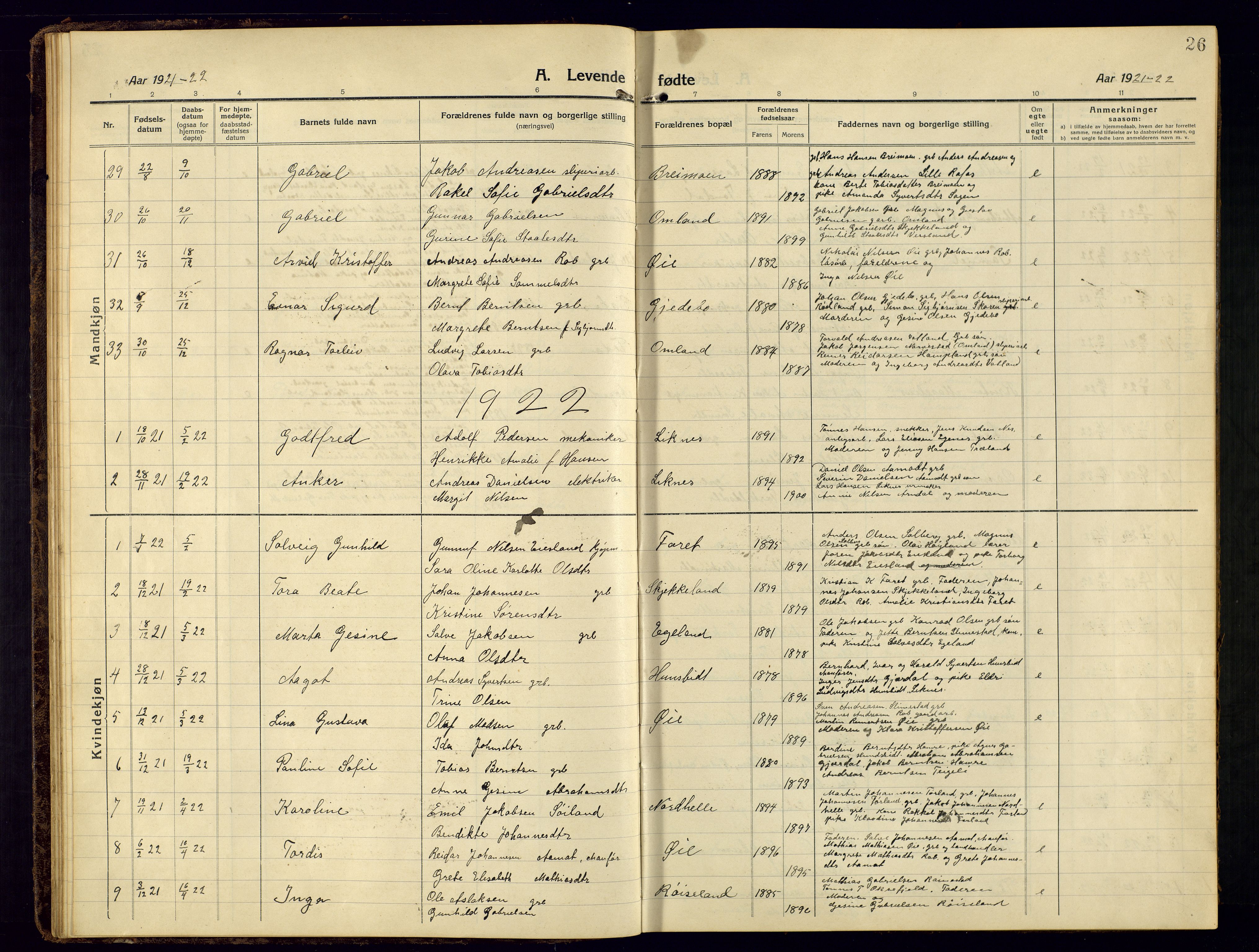 Kvinesdal sokneprestkontor, AV/SAK-1111-0026/F/Fb/Fbb/L0004: Parish register (copy) no. B 4, 1917-1938, p. 26