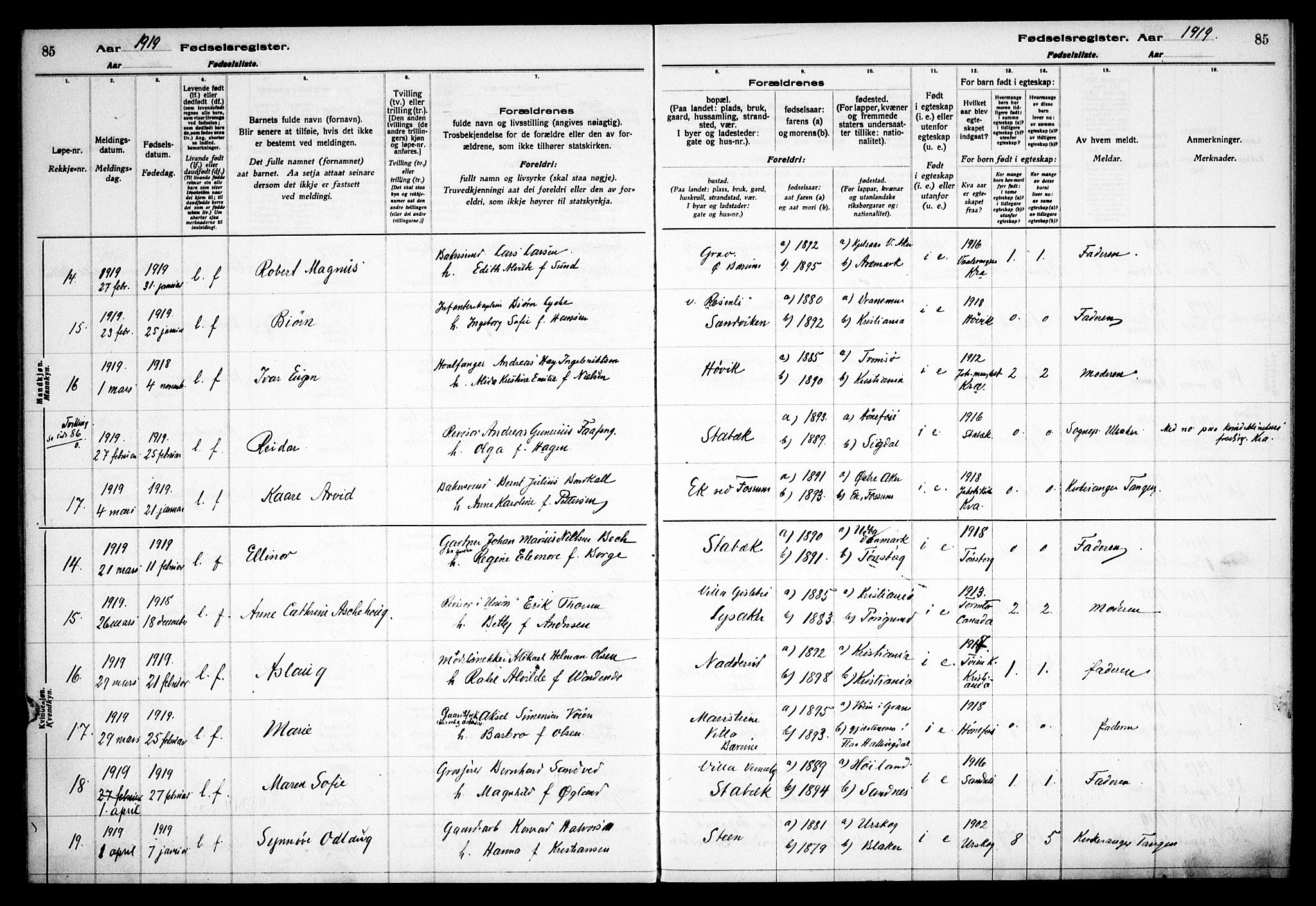 Østre Bærum prestekontor Kirkebøker, AV/SAO-A-10887/J/Ja/L0001: Birth register no. 1, 1916-1922, p. 85