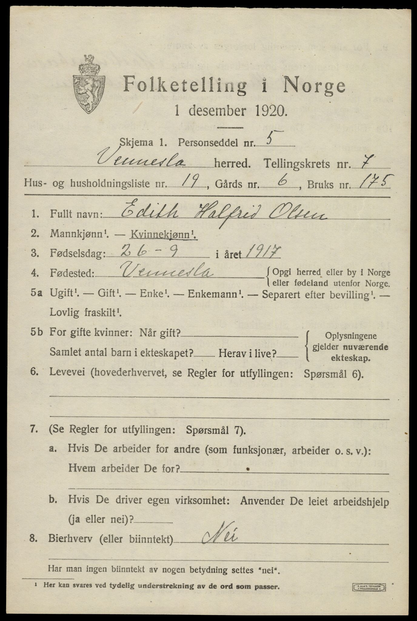 SAK, 1920 census for Vennesla, 1920, p. 5024