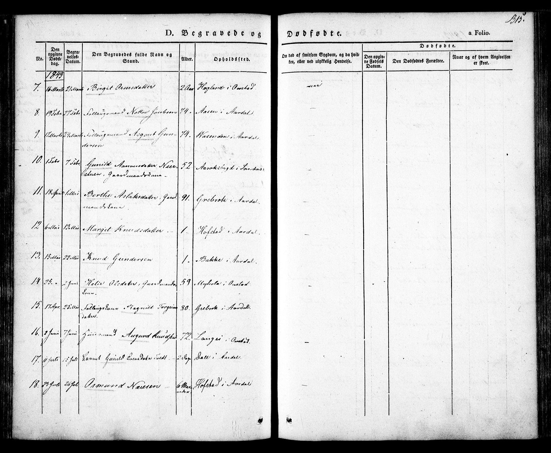 Bygland sokneprestkontor, AV/SAK-1111-0006/F/Fa/Fab/L0004: Parish register (official) no. A 4, 1842-1858, p. 315