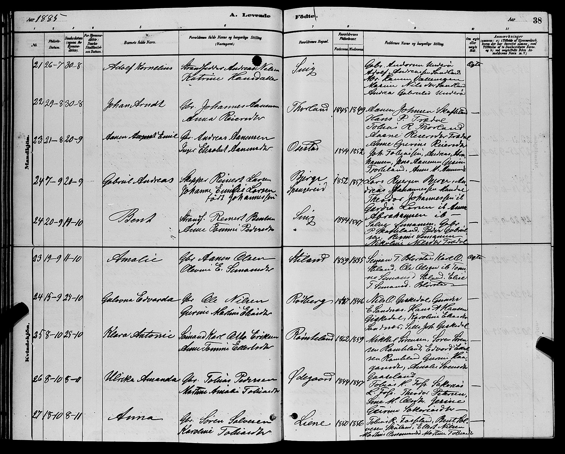 Sør-Audnedal sokneprestkontor, SAK/1111-0039/F/Fb/Fbb/L0005: Parish register (copy) no. B 5, 1880-1892, p. 38