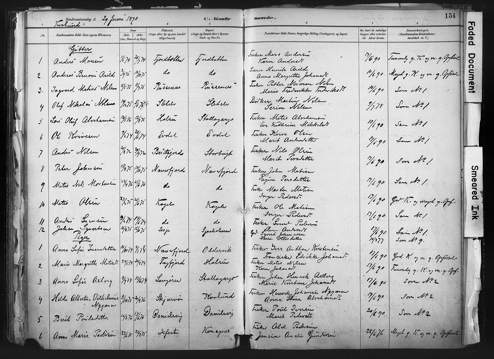 Hammerfest sokneprestkontor, SATØ/S-1347: Parish register (official) no. 11 /2, 1885-1897, p. 154
