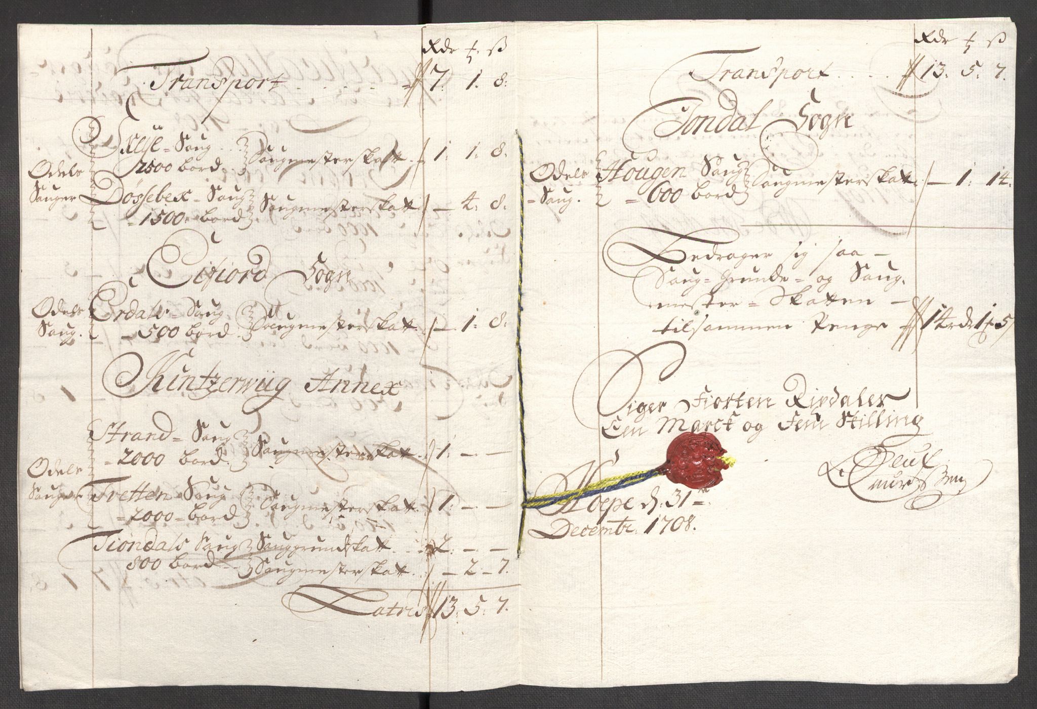 Rentekammeret inntil 1814, Reviderte regnskaper, Fogderegnskap, AV/RA-EA-4092/R48/L2985: Fogderegnskap Sunnhordland og Hardanger, 1708, p. 229