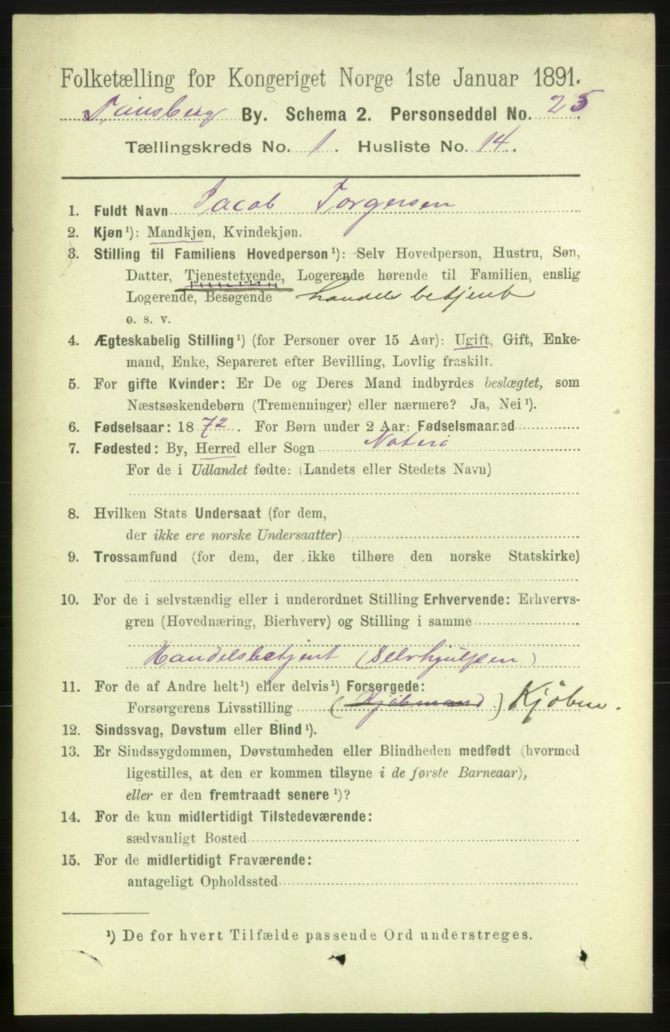 RA, 1891 census for 0705 Tønsberg, 1891, p. 1443