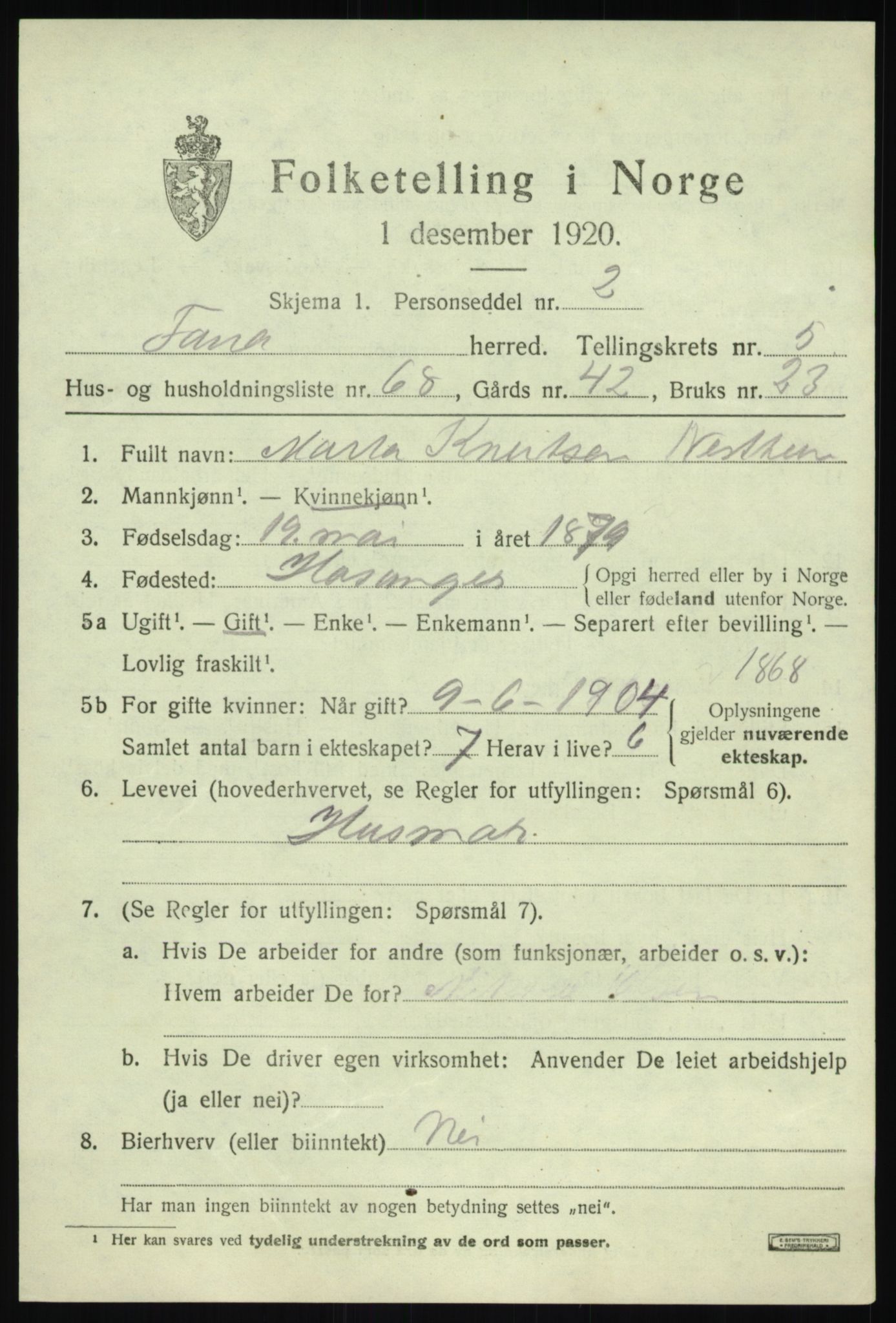 SAB, 1920 census for Fana, 1920, p. 8109