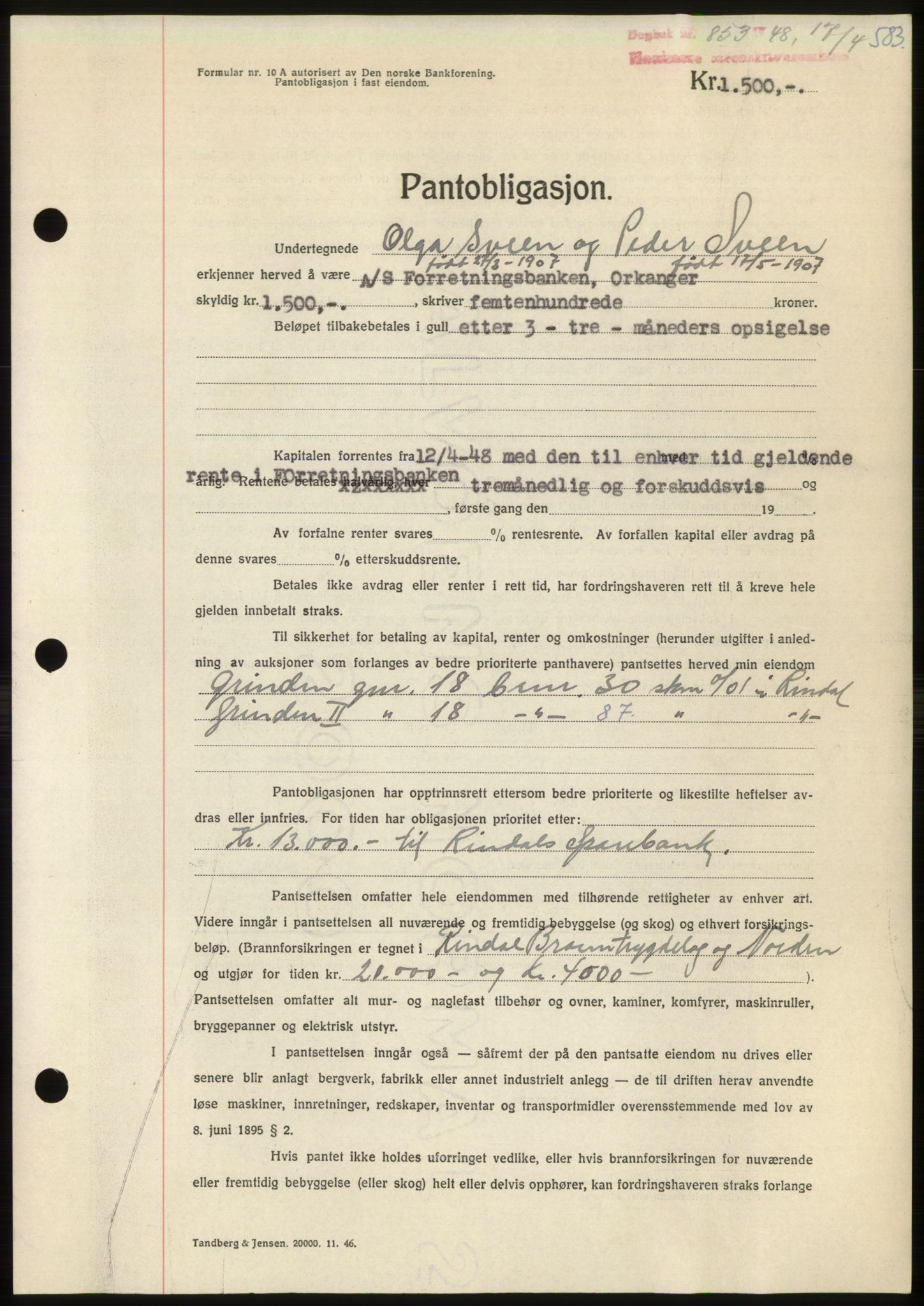 Nordmøre sorenskriveri, AV/SAT-A-4132/1/2/2Ca: Mortgage book no. B98, 1948-1948, Diary no: : 853/1948