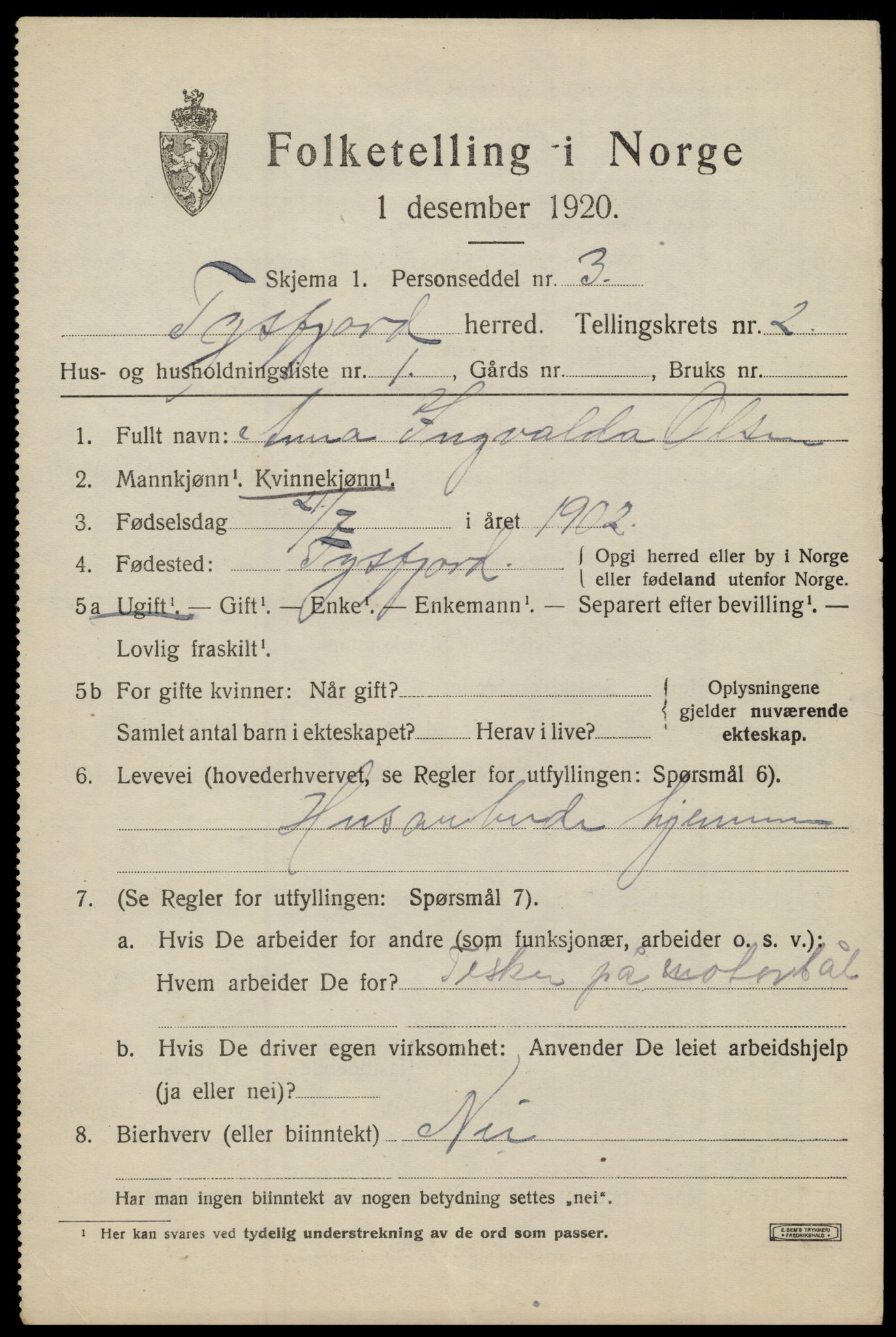 SAT, 1920 census for Tysfjord, 1920, p. 1231