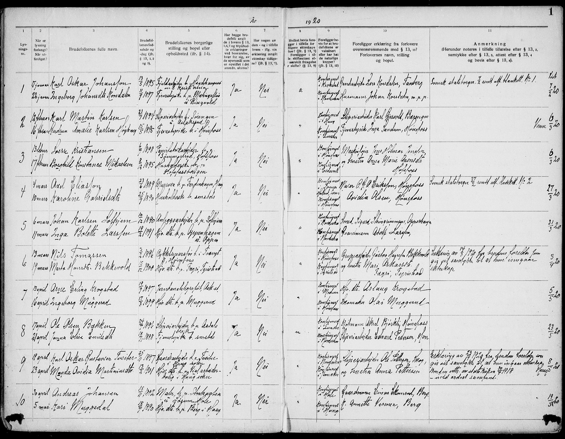 Norderhov kirkebøker, AV/SAKO-A-237/H/Ha/L0004: Banns register no. 4, 1920-1938, p. 1