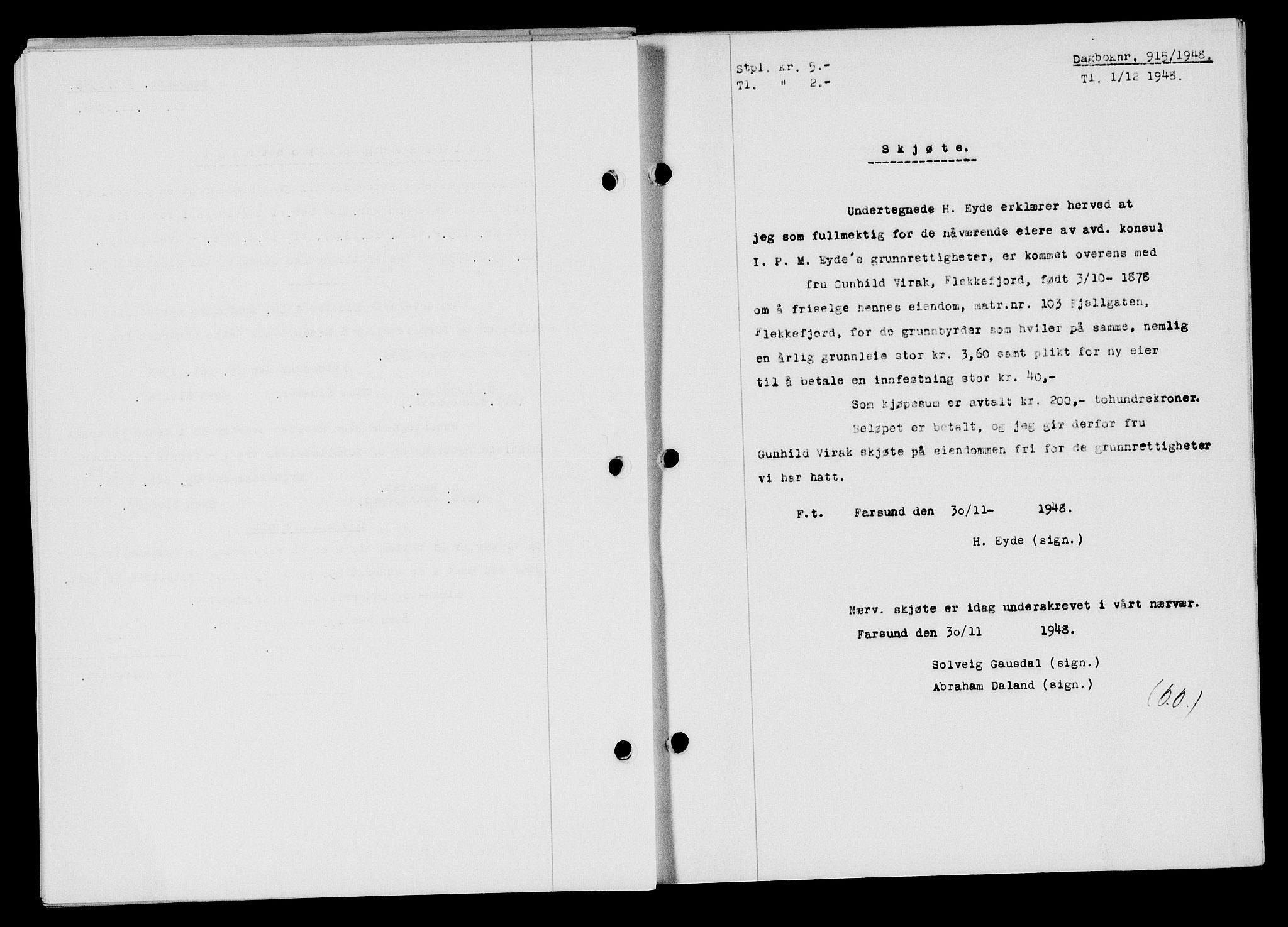 Flekkefjord sorenskriveri, SAK/1221-0001/G/Gb/Gba/L0064: Mortgage book no. A-12, 1948-1949, Diary no: : 915/1948