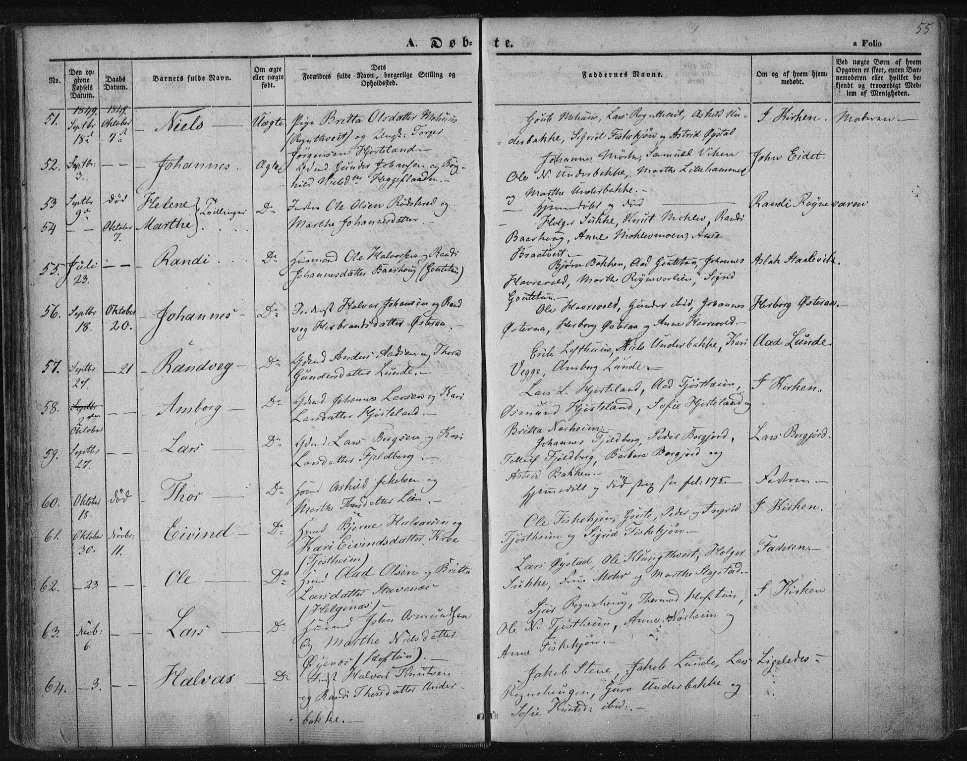 Suldal sokneprestkontor, AV/SAST-A-101845/01/IV/L0008: Parish register (official) no. A 8, 1836-1853, p. 55