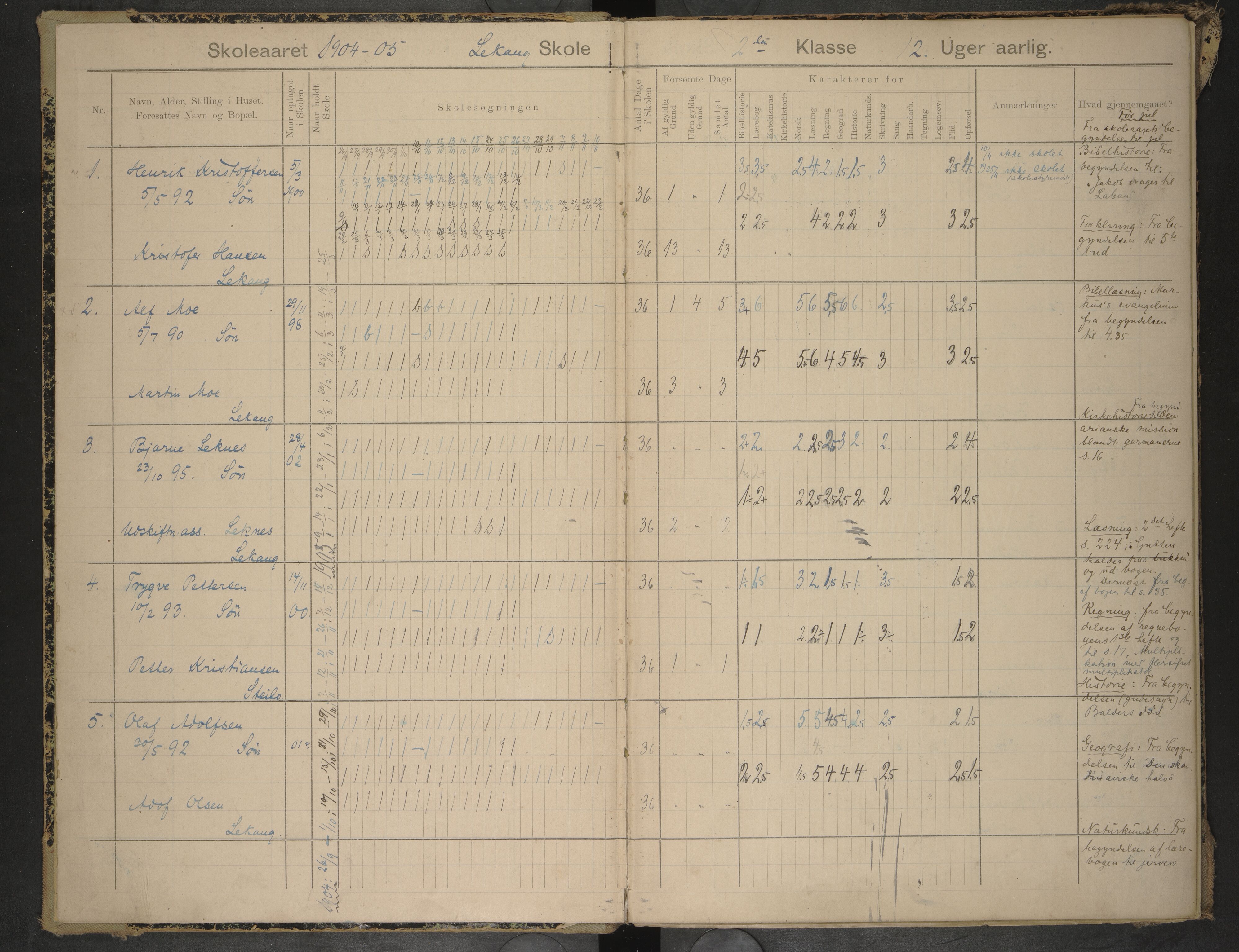 Hadsel kommune. Lekang skolekrets, AIN/K-18660.510.27/G/L0010: Skoleprotokoll for Lekang storskole, 1904-1914