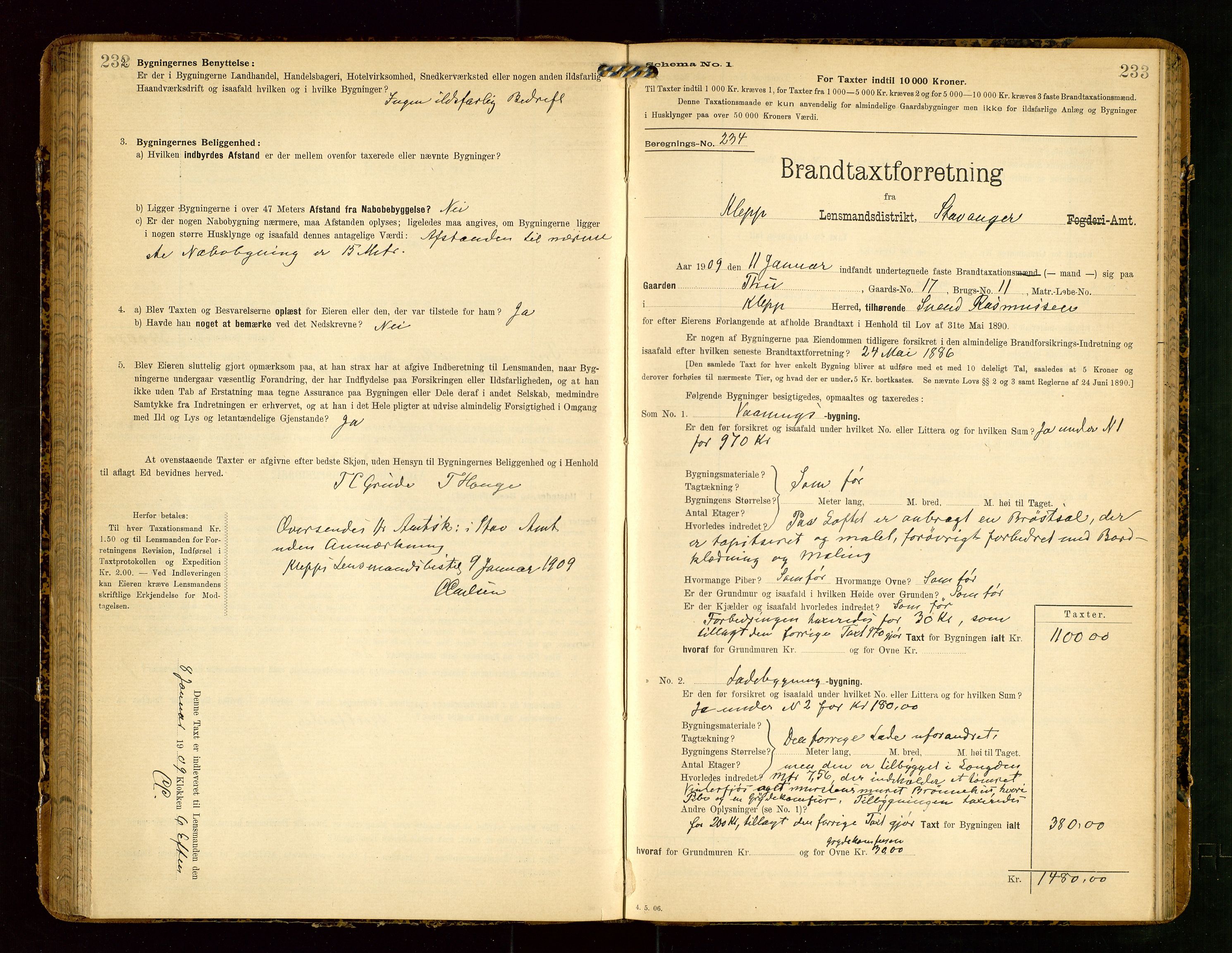 Klepp lensmannskontor, AV/SAST-A-100163/Goc/L0004: "Brandtaxationsprotokol" m/register, 1906-1908, p. 232-233