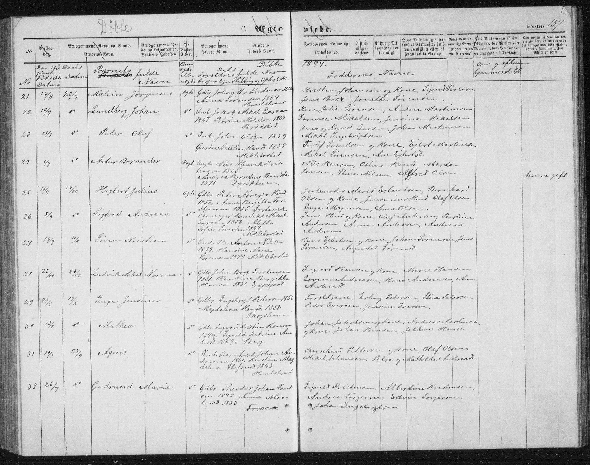 Tranøy sokneprestkontor, AV/SATØ-S-1313/I/Ia/Iab/L0013klokker: Parish register (copy) no. 13, 1874-1896, p. 157