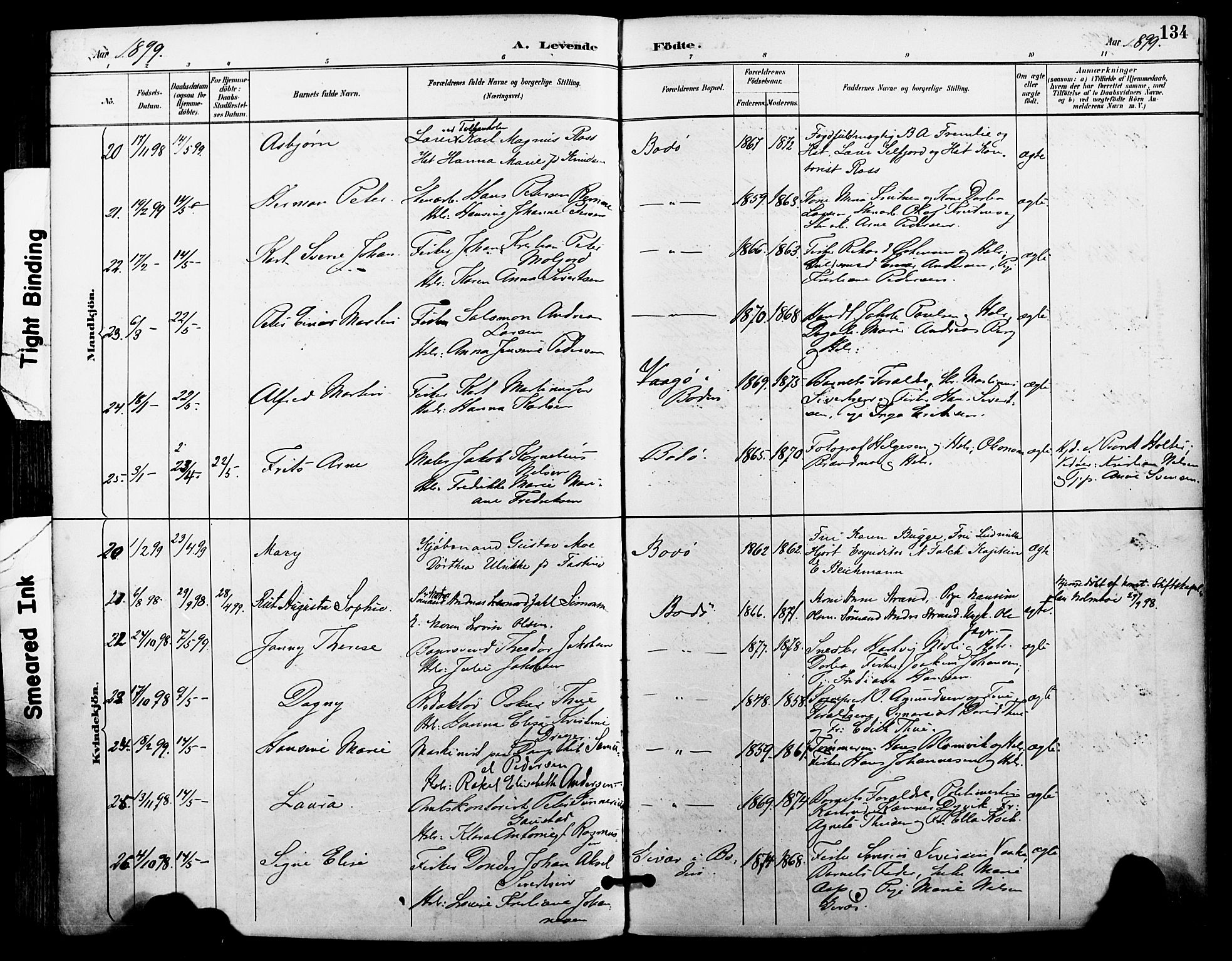 Ministerialprotokoller, klokkerbøker og fødselsregistre - Nordland, SAT/A-1459/801/L0010: Parish register (official) no. 801A10, 1888-1899, p. 134