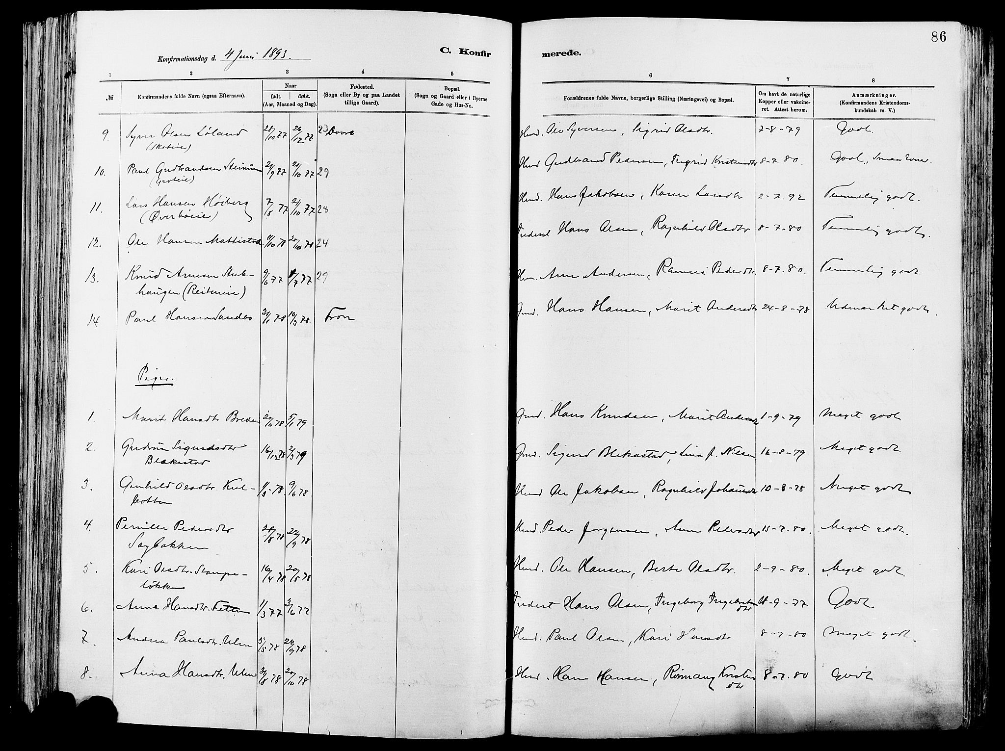 Vågå prestekontor, SAH/PREST-076/H/Ha/Haa/L0008: Parish register (official) no. 8, 1886-1904, p. 86
