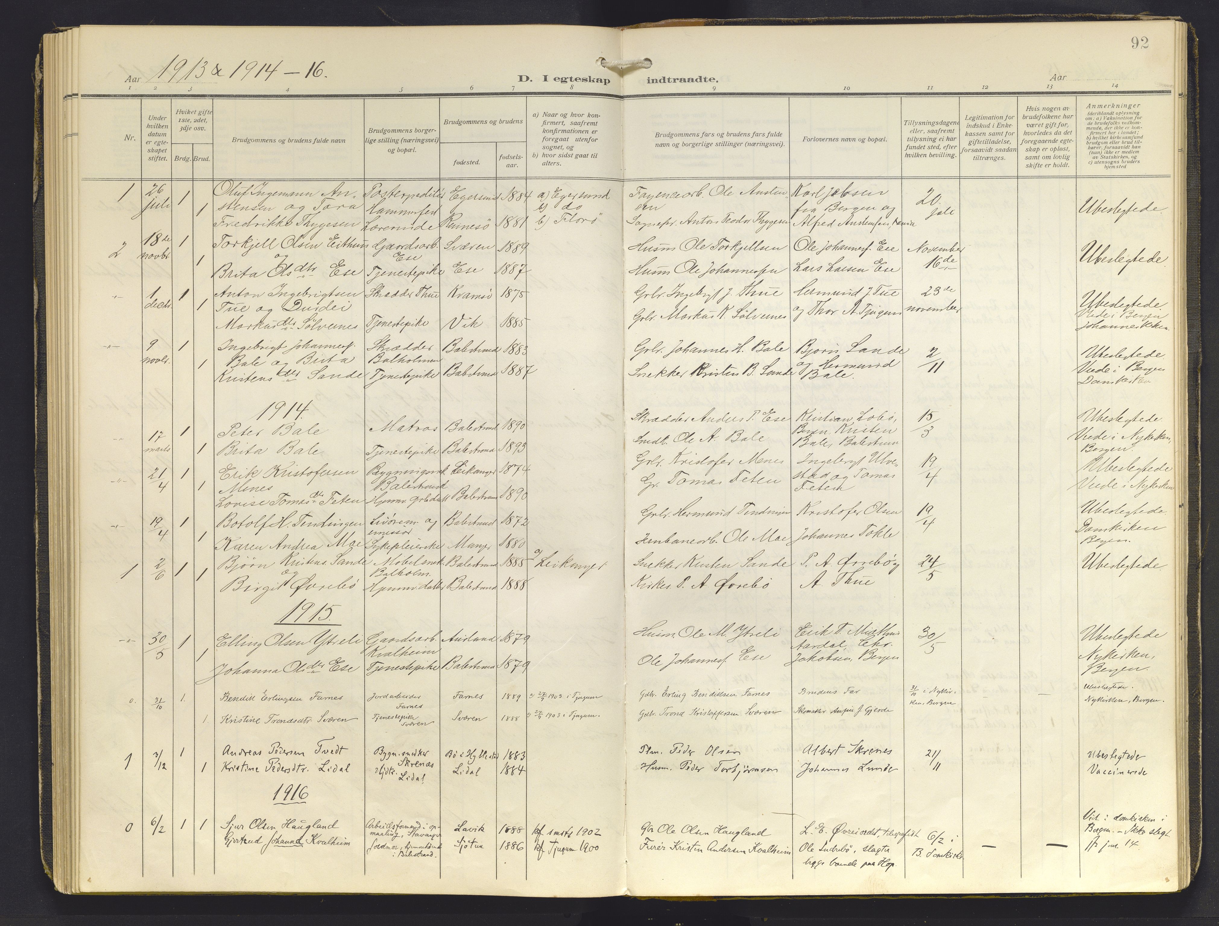 Balestrand sokneprestembete, AV/SAB-A-79601/H/Haa/Haab/L0002: Parish register (official) no. B 2, 1911-1932, p. 92